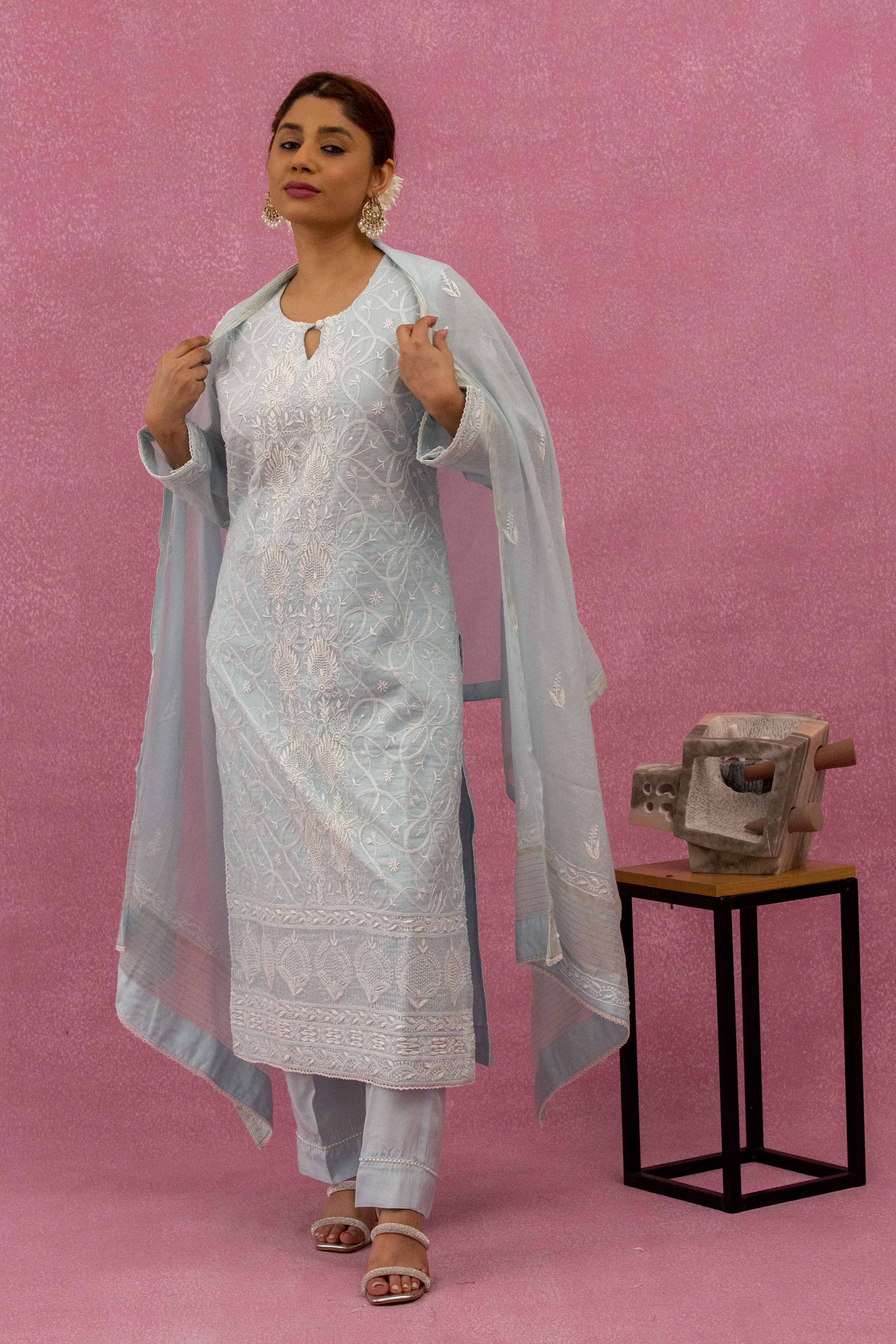 Urviya Chikankari Mul Chanderi Light Blue Pearl Work Cutdaana Jaal Suit