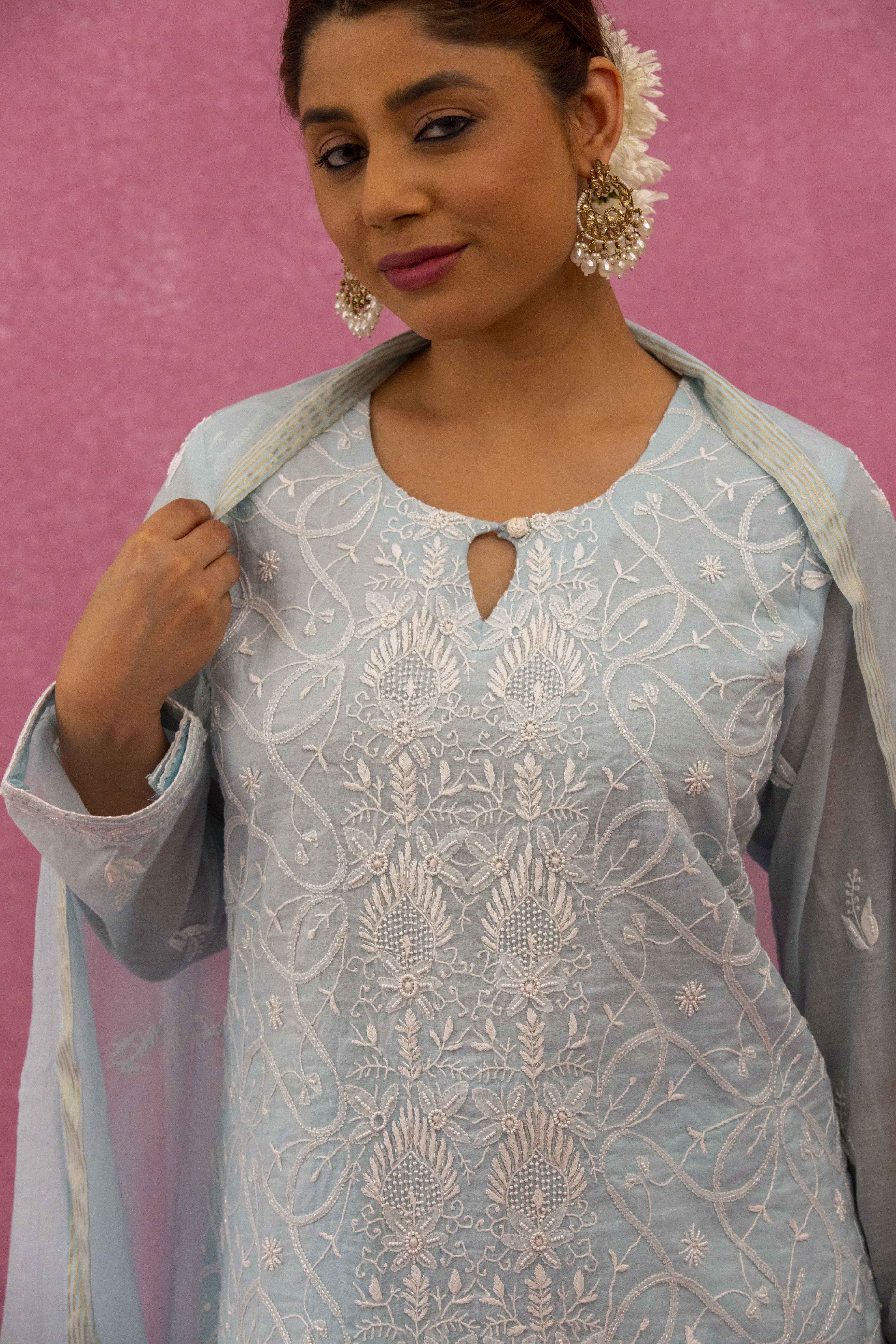 Urviya Chikankari Mul Chanderi Light Blue Pearl Work Cutdaana Jaal Suit