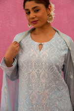 Urviya Chikankari Mul Chanderi Light Blue Pearl Work Cutdaana Jaal Suit