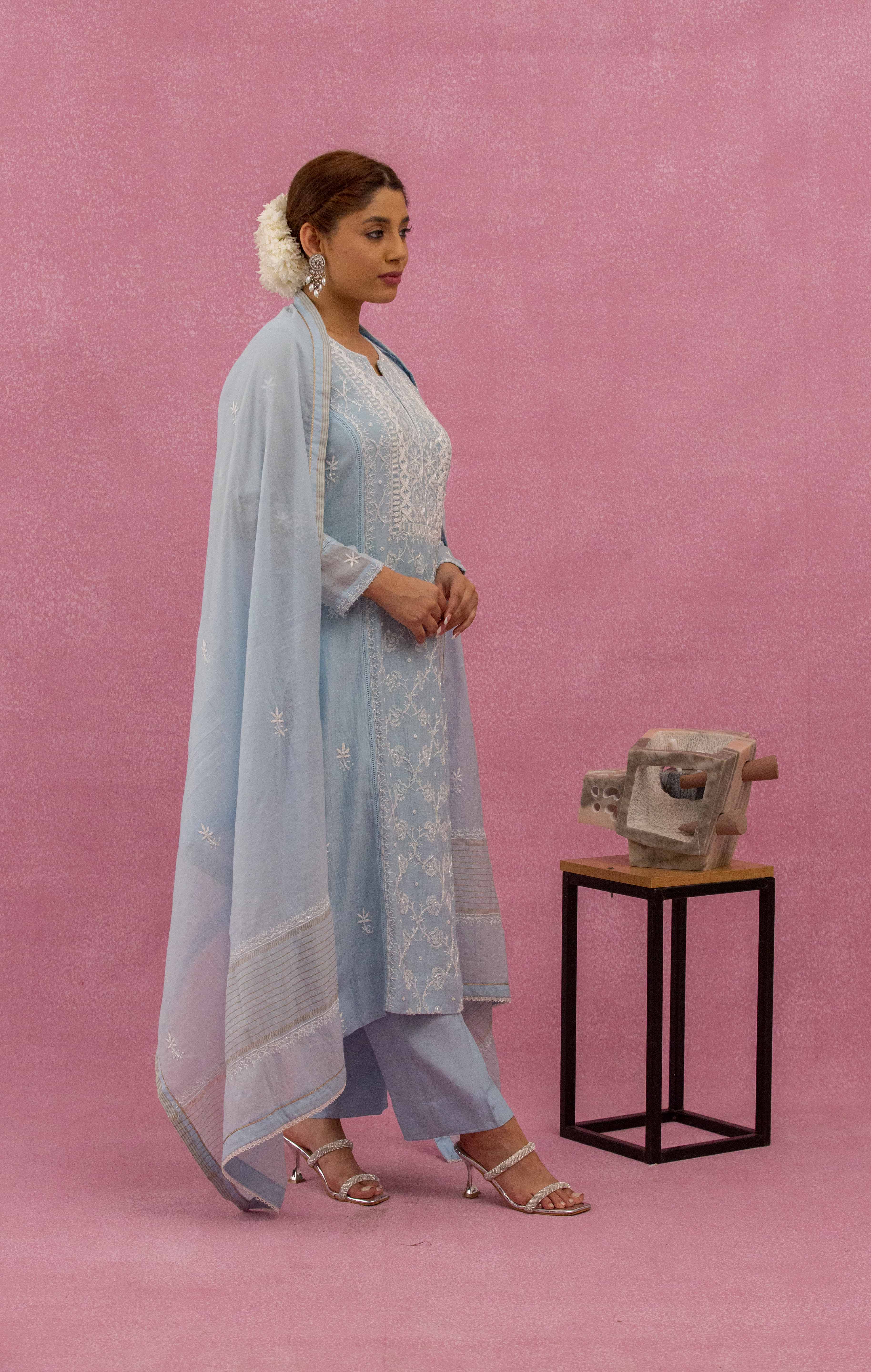 Urviya Chikankari Mul Chanderi Light Blue Cutdaana Pearl Work Panel Suit