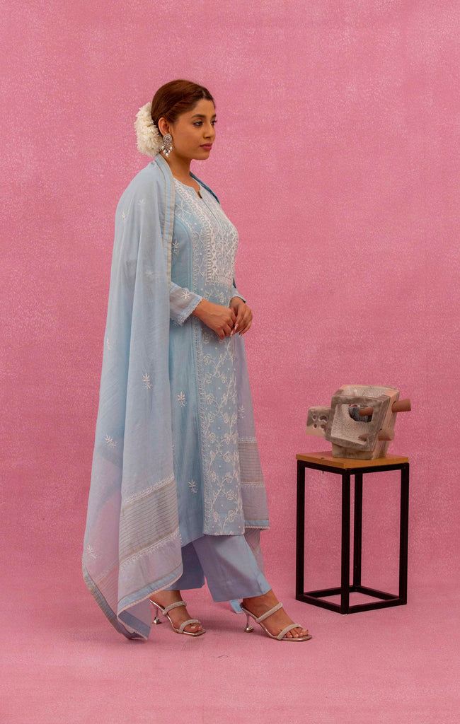 Urviya Chikankari Mul Chanderi Light Blue Cutdaana Pearl Work Panel Suit