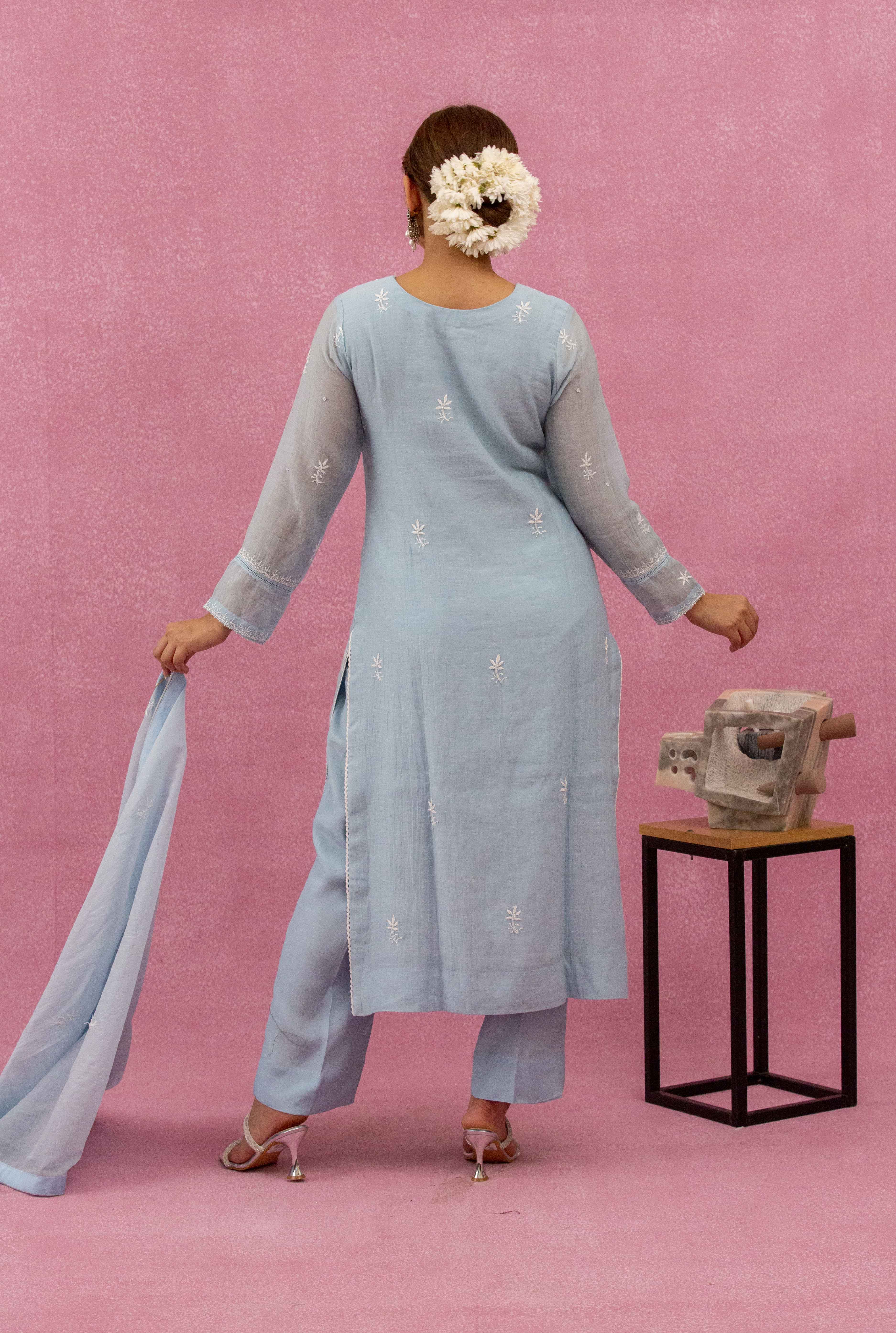 Urviya Chikankari Mul Chanderi Light Blue Cutdaana Pearl Work Panel Suit