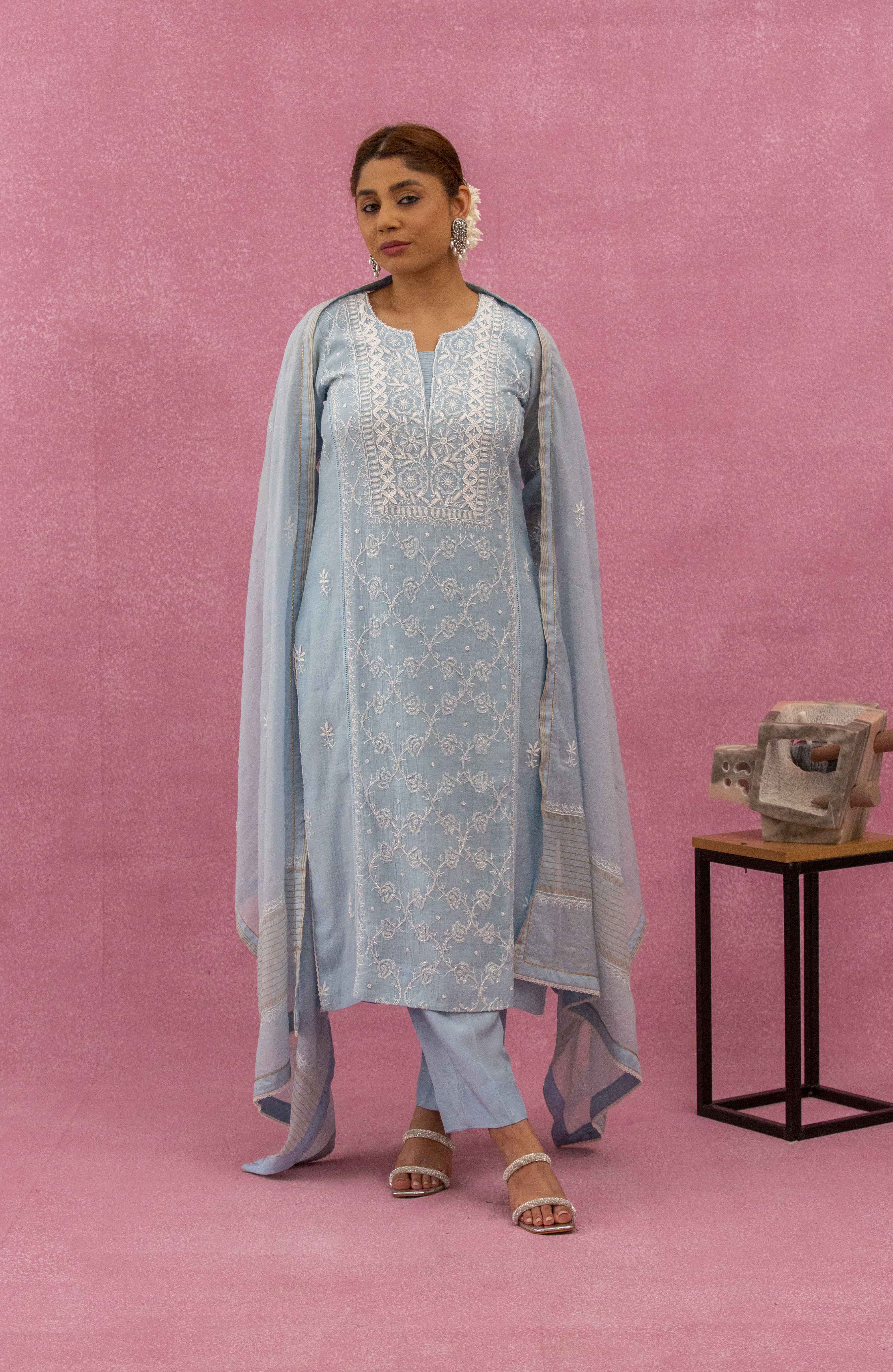 Urviya Chikankari Mul Chanderi Light Blue Cutdaana Pearl Work Panel Suit