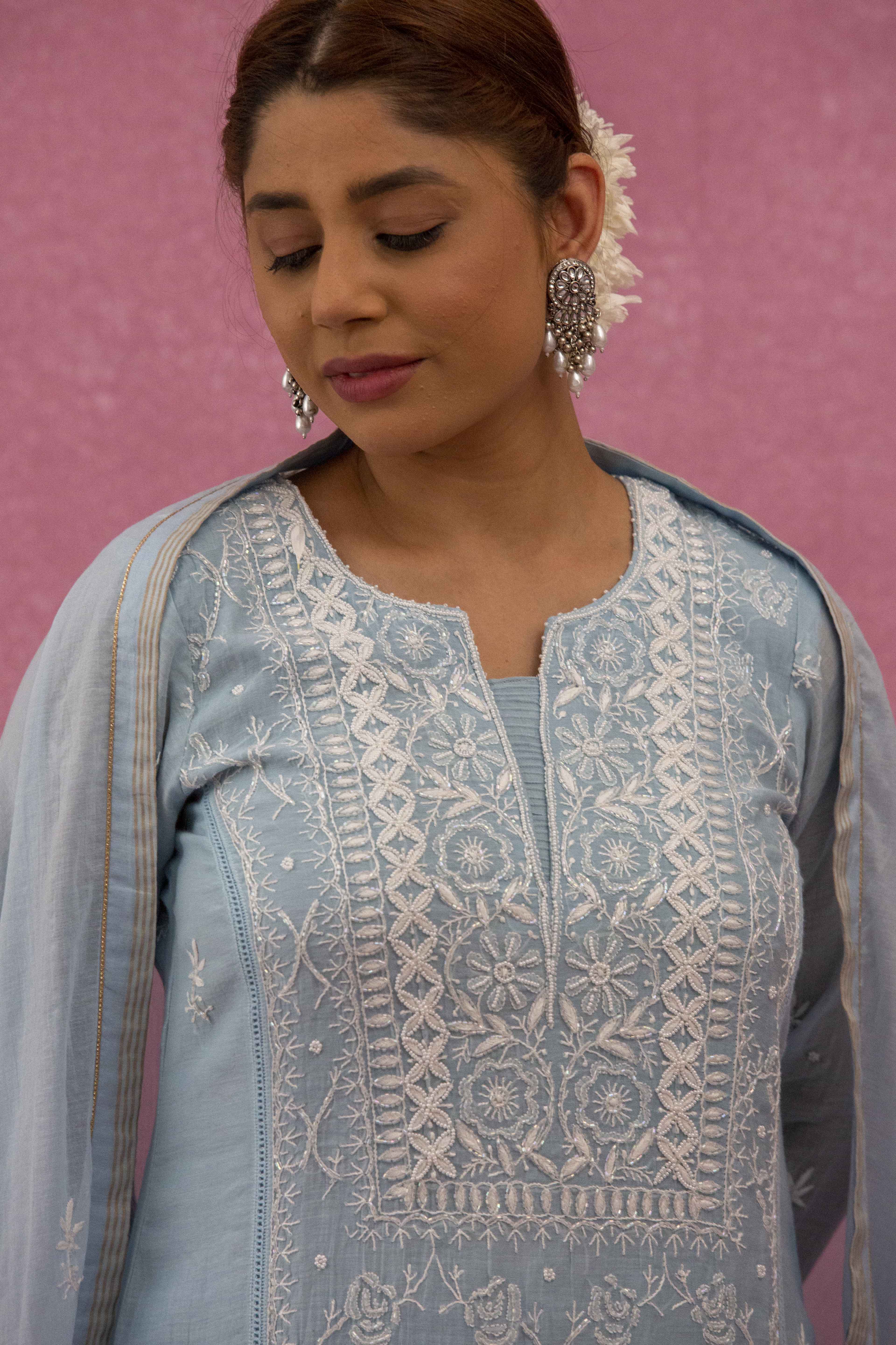 Urviya Chikankari Mul Chanderi Light Blue Cutdaana Pearl Work Panel Suit