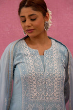 Urviya Chikankari Mul Chanderi Light Blue Cutdaana Pearl Work Panel Suit