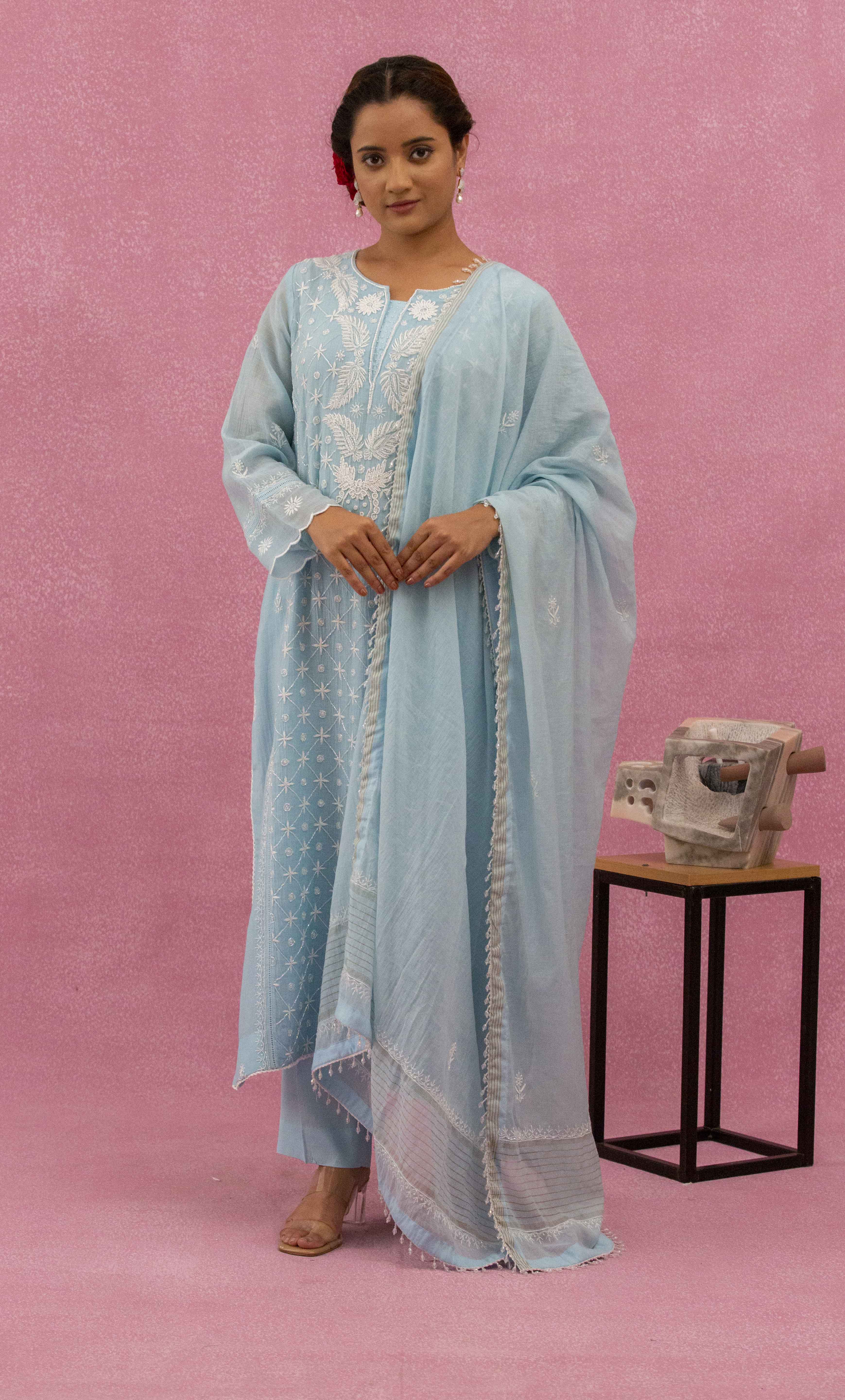 Urviya Chikankari Mul Chanderi Light Blue Pearl and Cutdaana Work Panel Suit