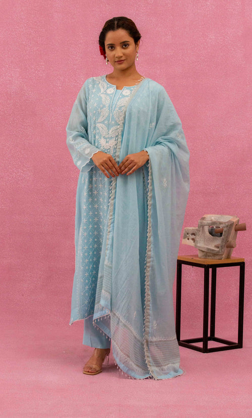 Urviya Chikankari Mul Chanderi Light Blue Pearl and Cutdaana Work Panel Suit