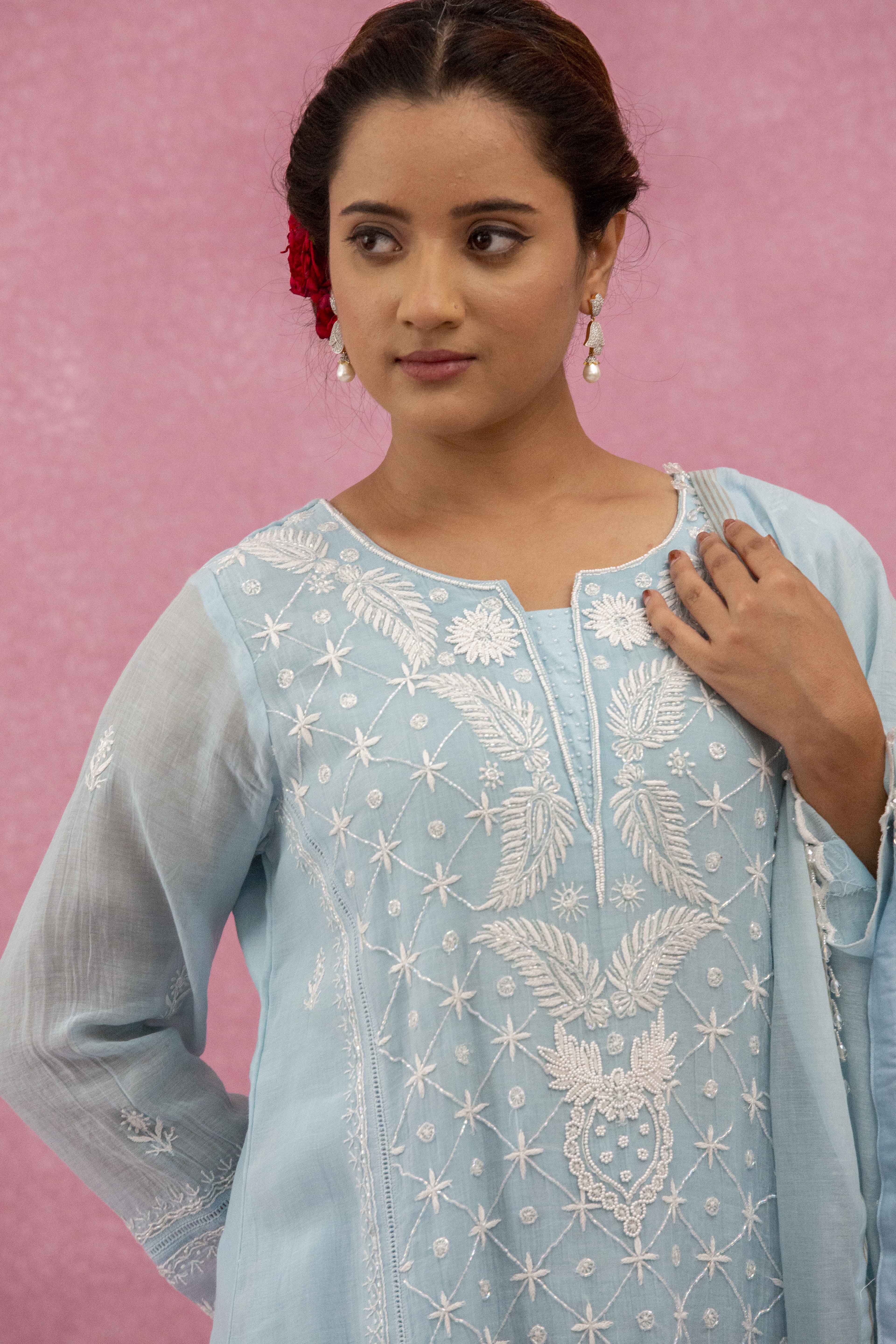 Urviya Chikankari Mul Chanderi Light Blue Pearl and Cutdaana Work Panel Suit