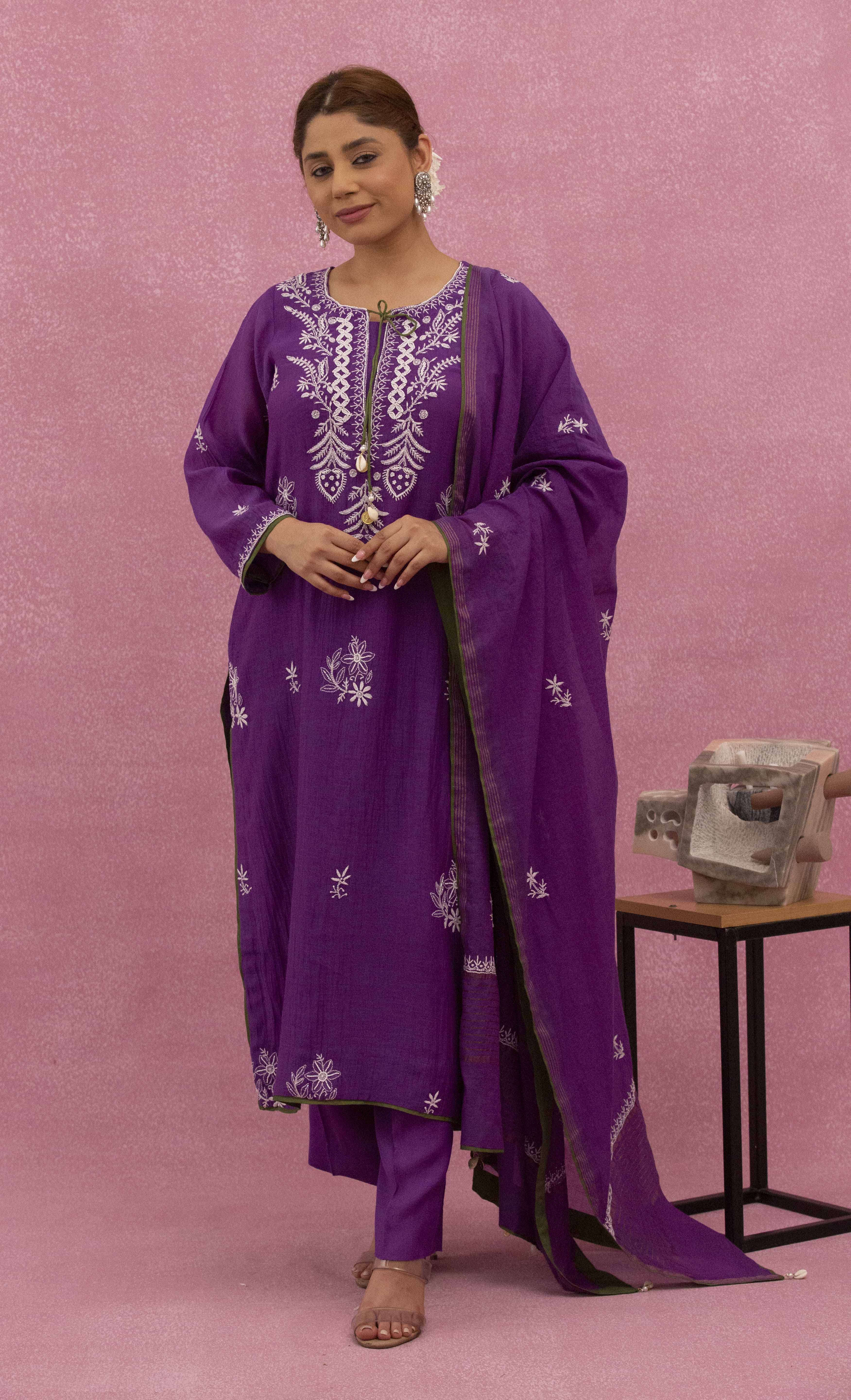 Urviya Chikankari Mul Chanderi Purple Pearl and Cutdaana Work Gala Boota Suit