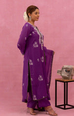 Urviya Chikankari Mul Chanderi Purple Pearl and Cutdaana Work Gala Boota Suit