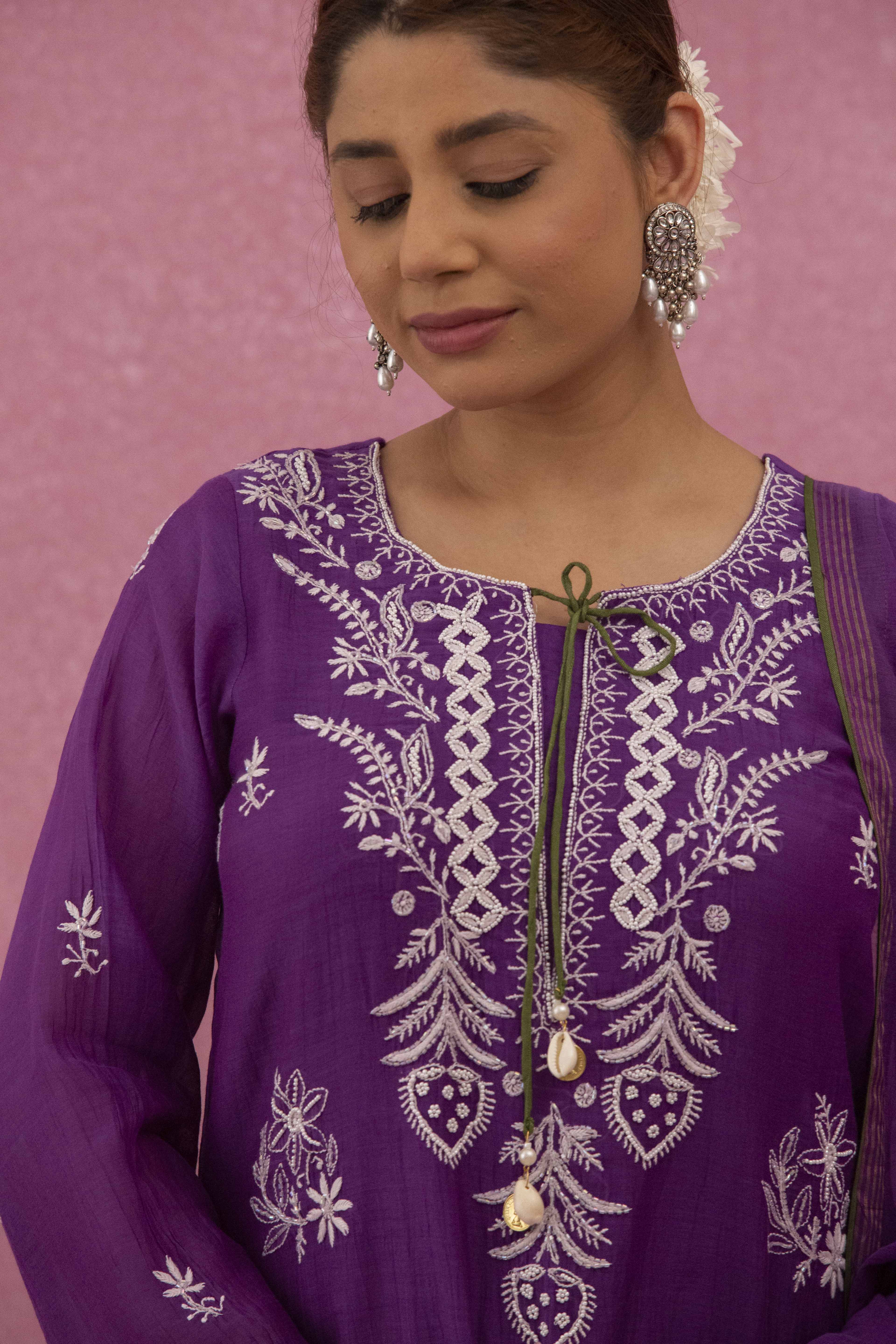 Urviya Chikankari Mul Chanderi Purple Pearl and Cutdaana Work Gala Boota Suit