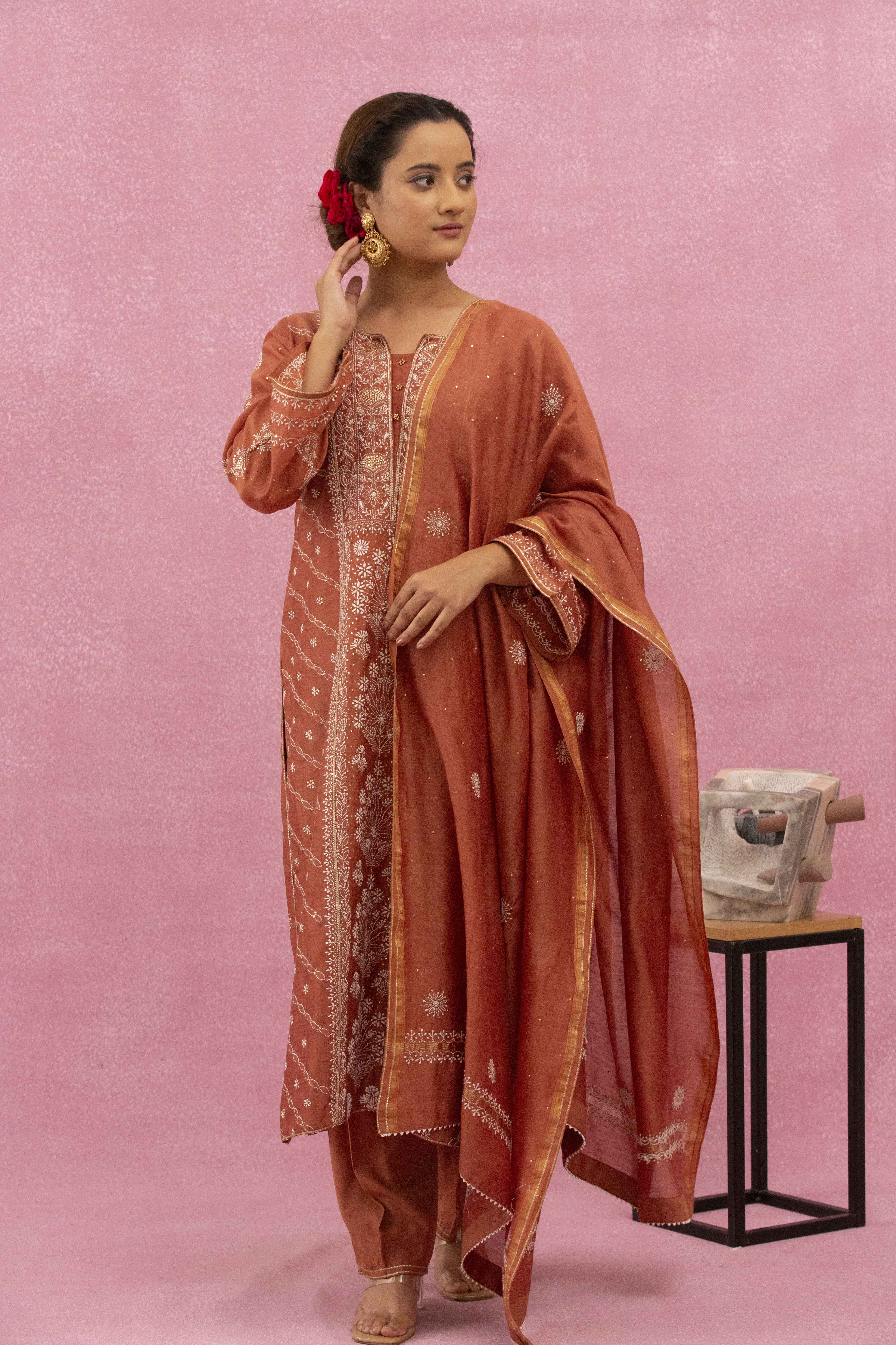 Urviya Chikankari Chanderi Silk Red Mukaish Panel Suit