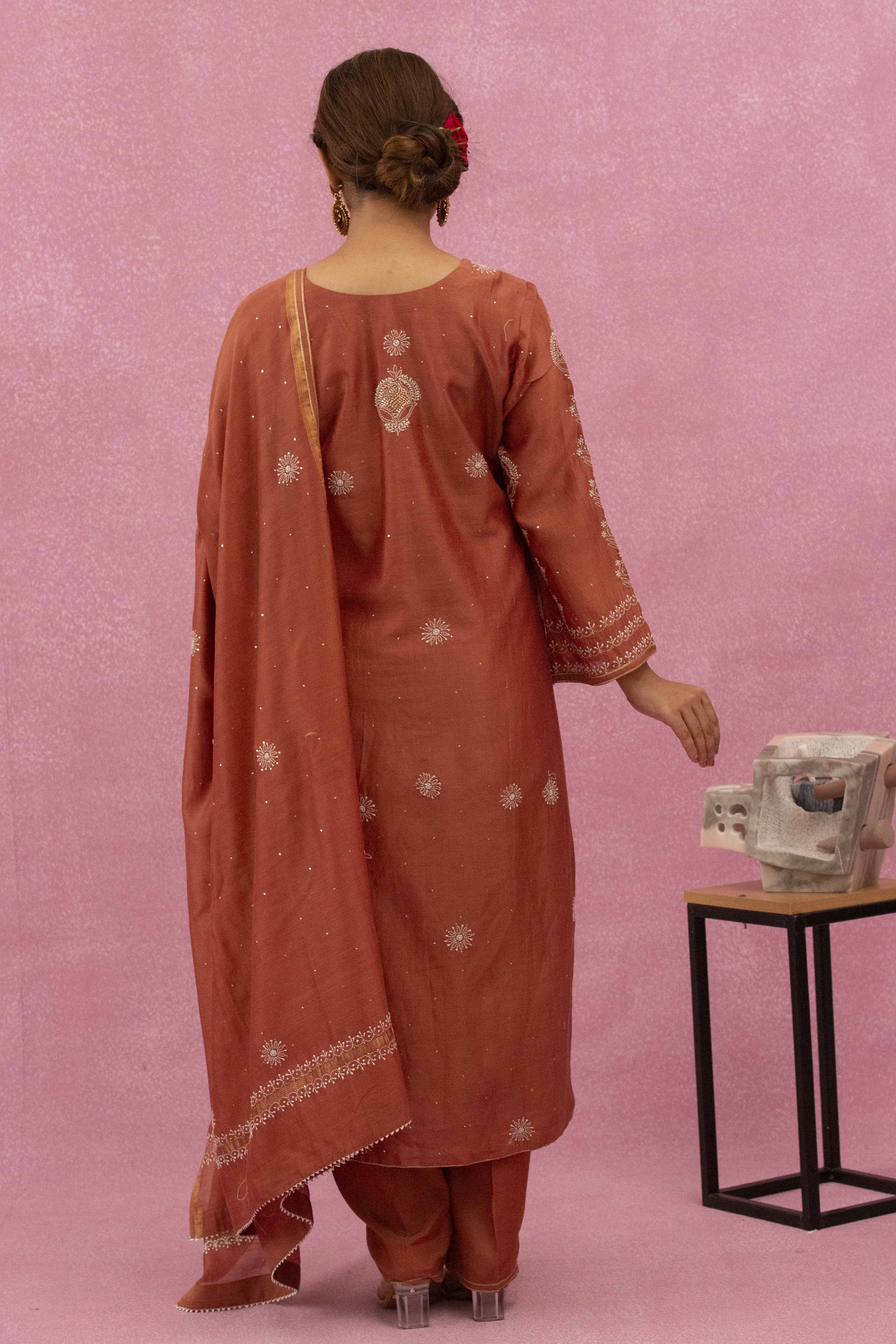 Urviya Chikankari Chanderi Silk Red Mukaish Panel Suit