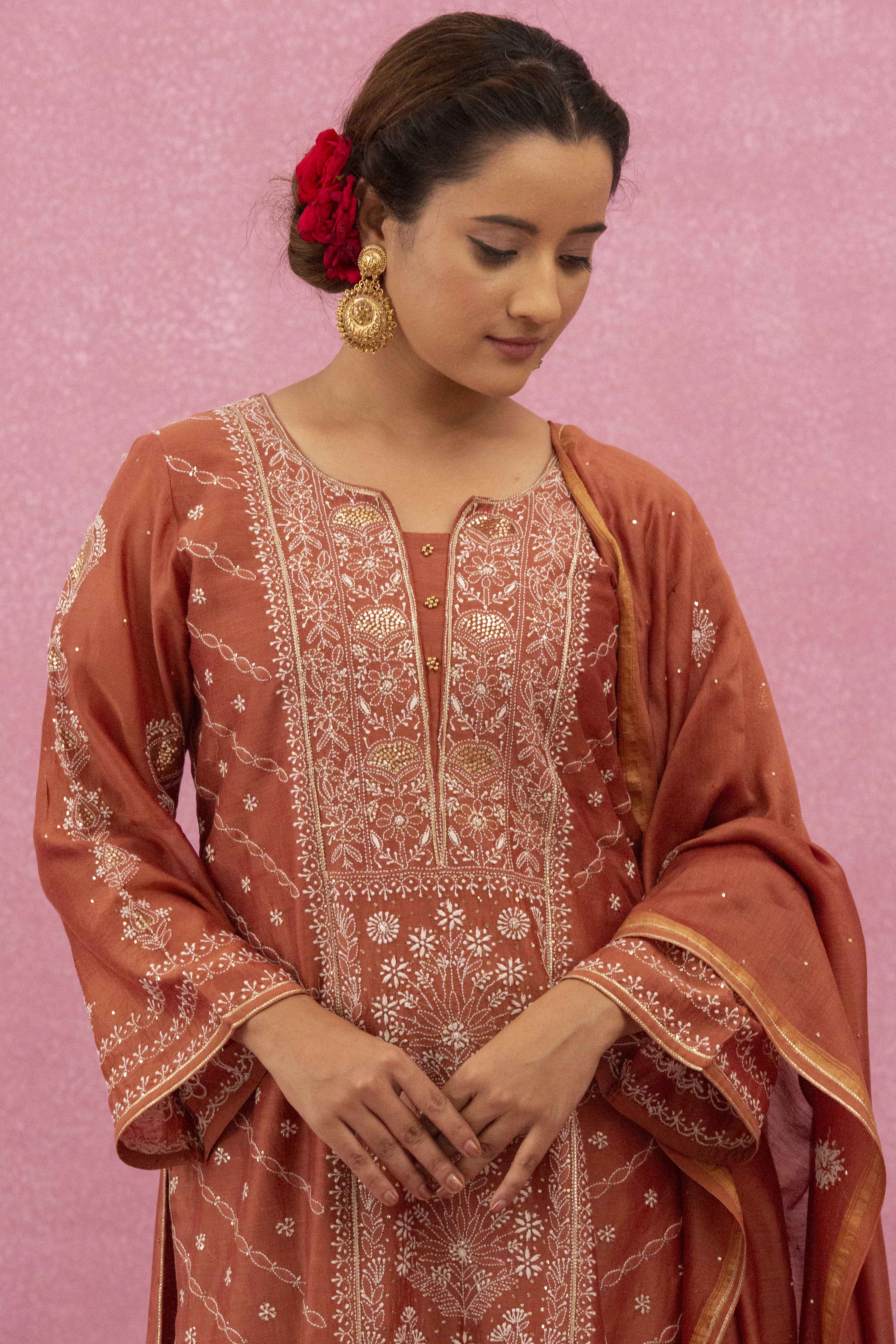 Urviya Chikankari Chanderi Silk Red Mukaish Panel Suit