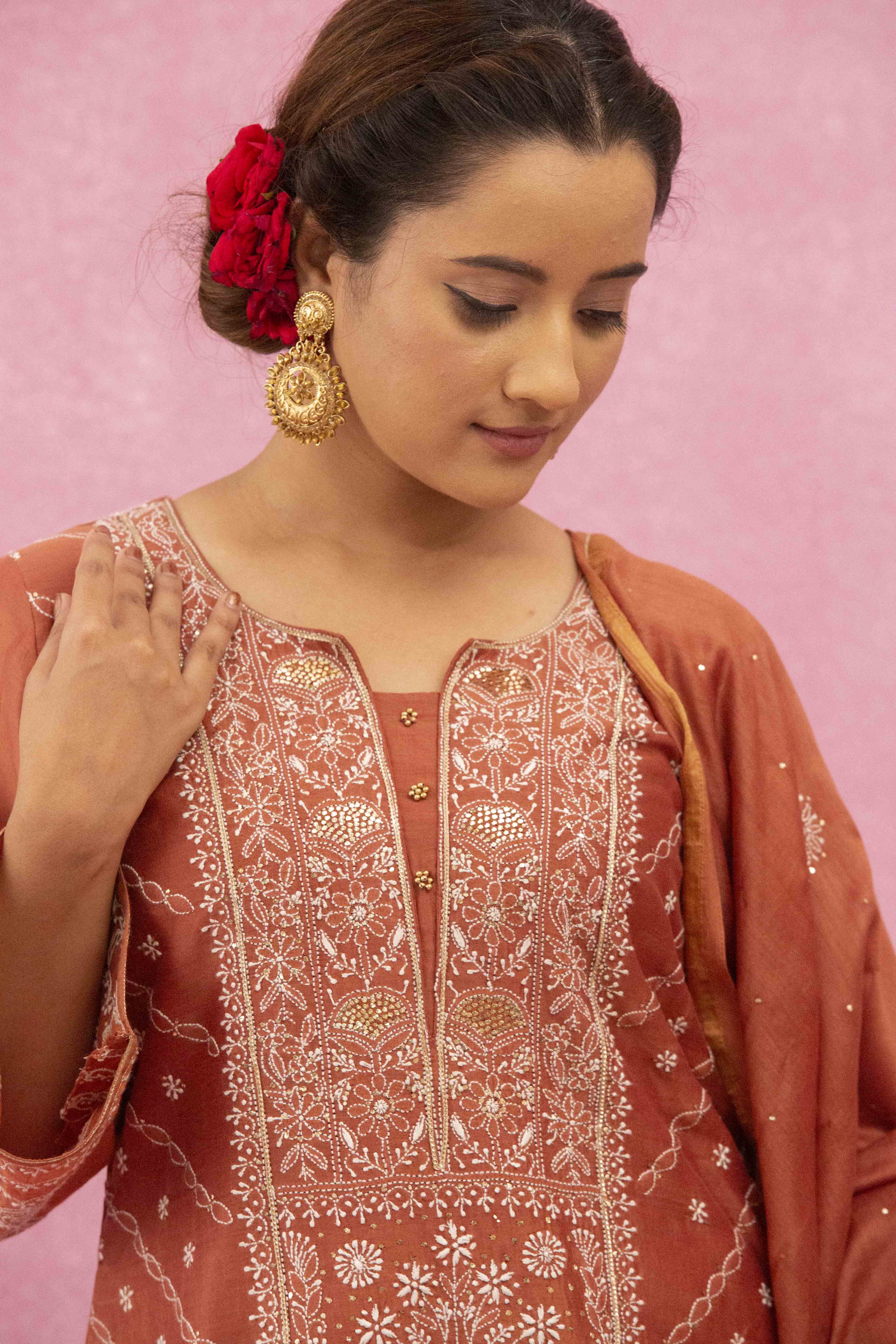 Urviya Chikankari Chanderi Silk Red Mukaish Panel Suit