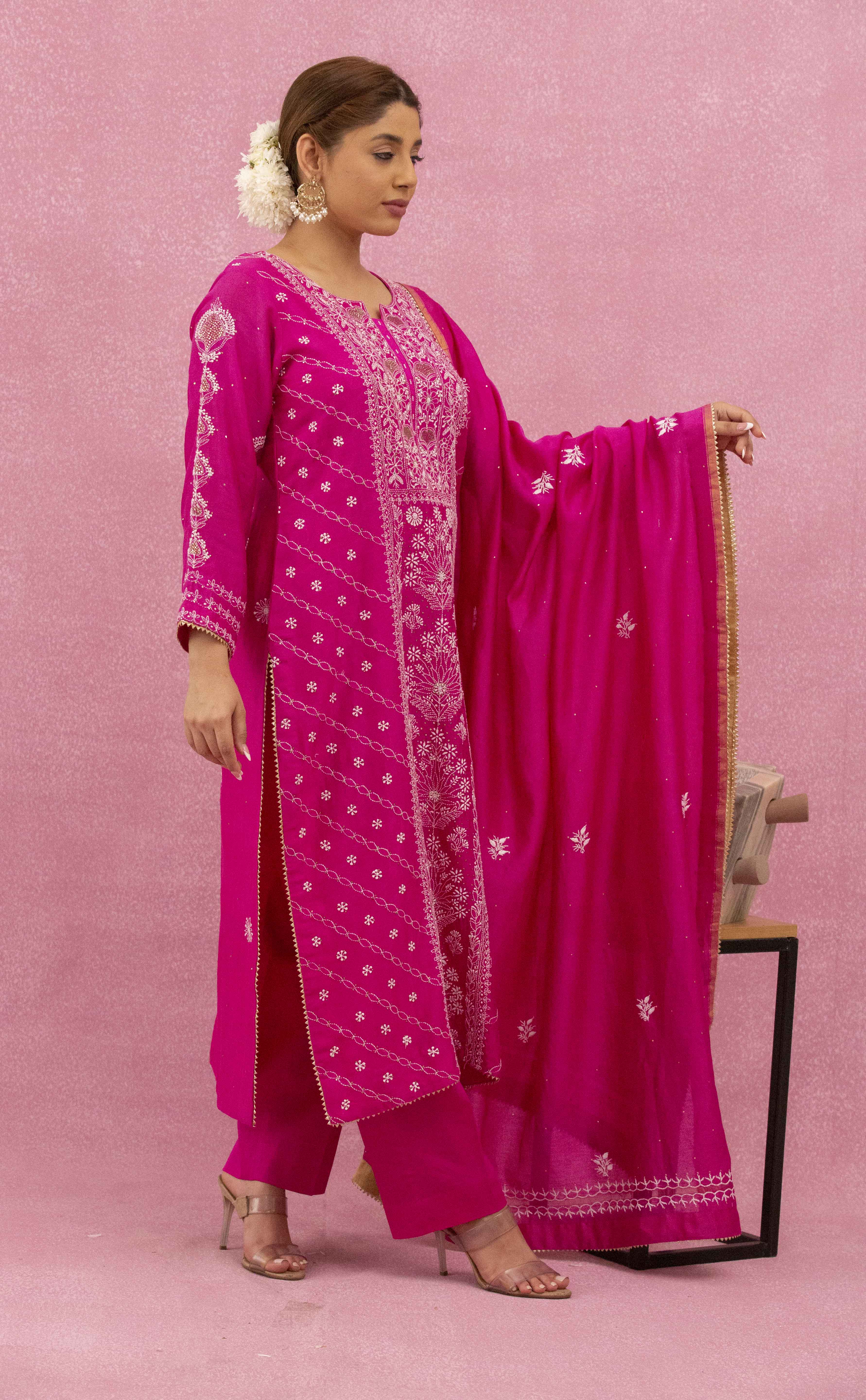 Urviya Chikankari Chanderi Silk Pink Mukaish Panel Suit