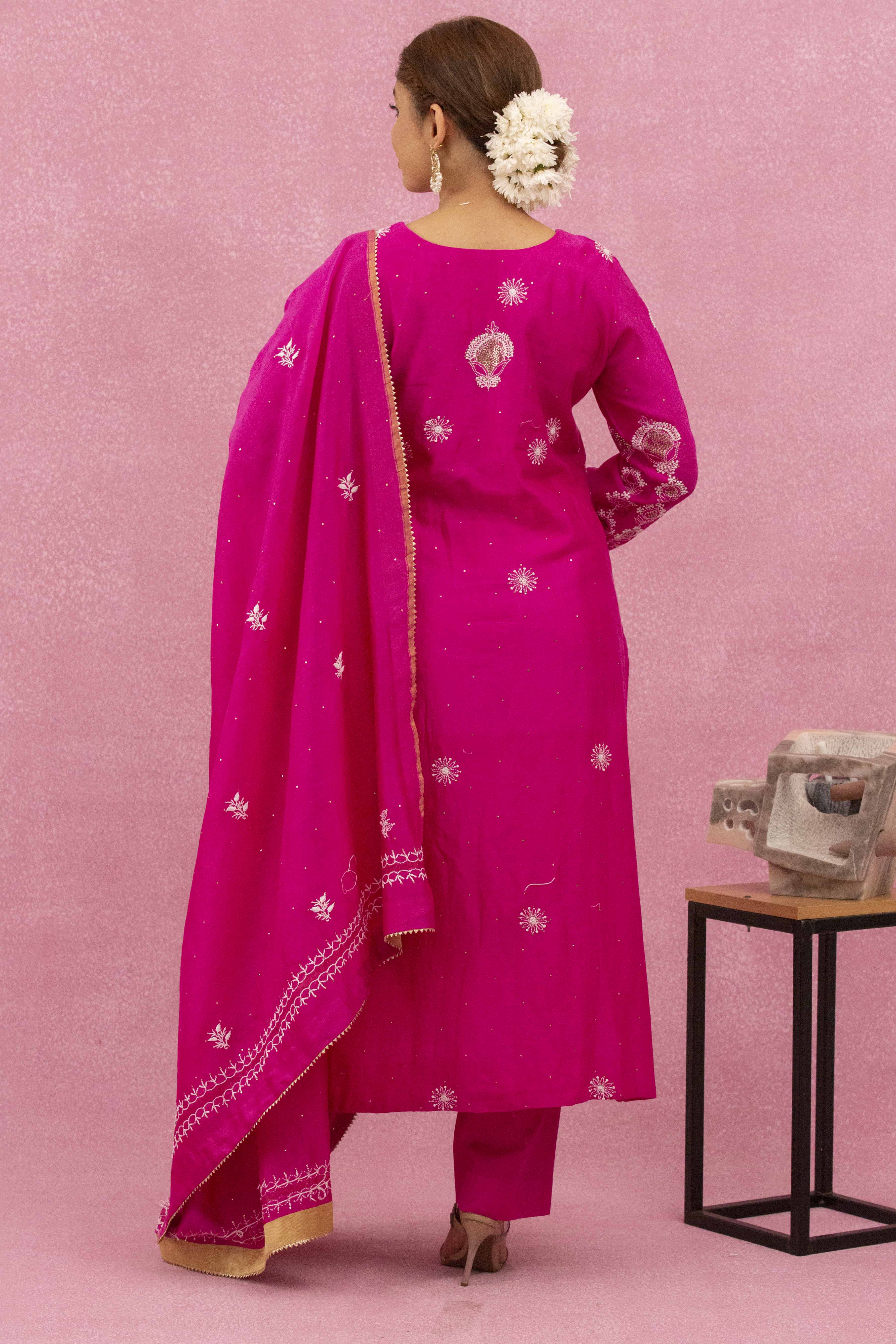 Urviya Chikankari Chanderi Silk Pink Mukaish Panel Suit