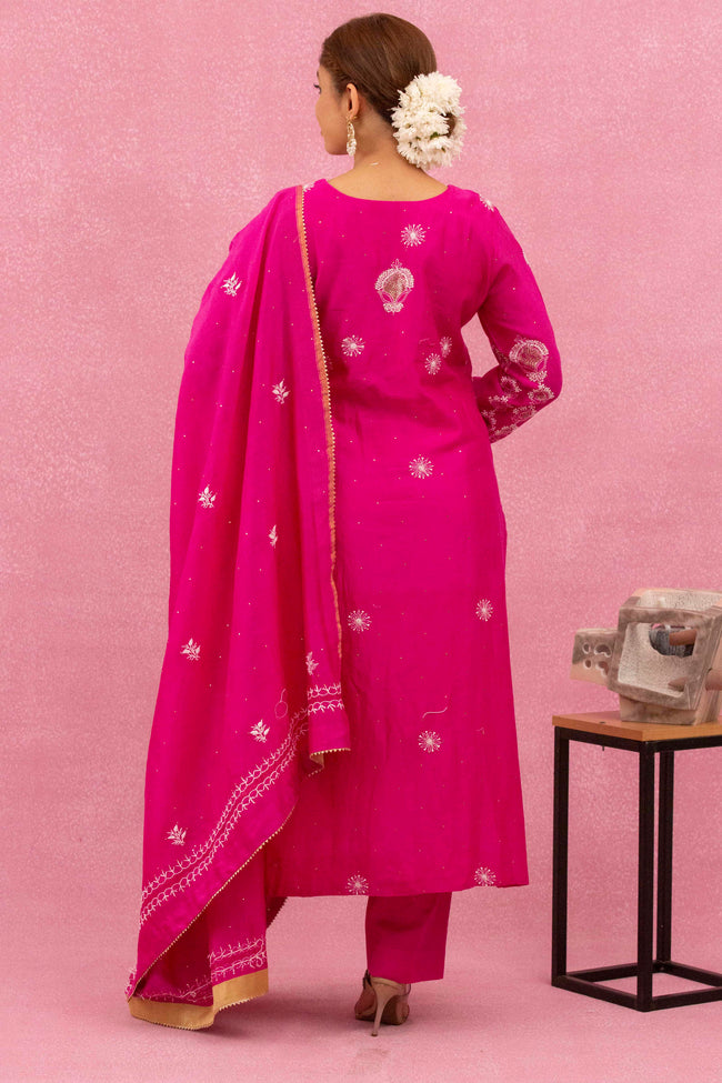 Urviya Chikankari Chanderi Silk Pink Mukaish Panel Suit