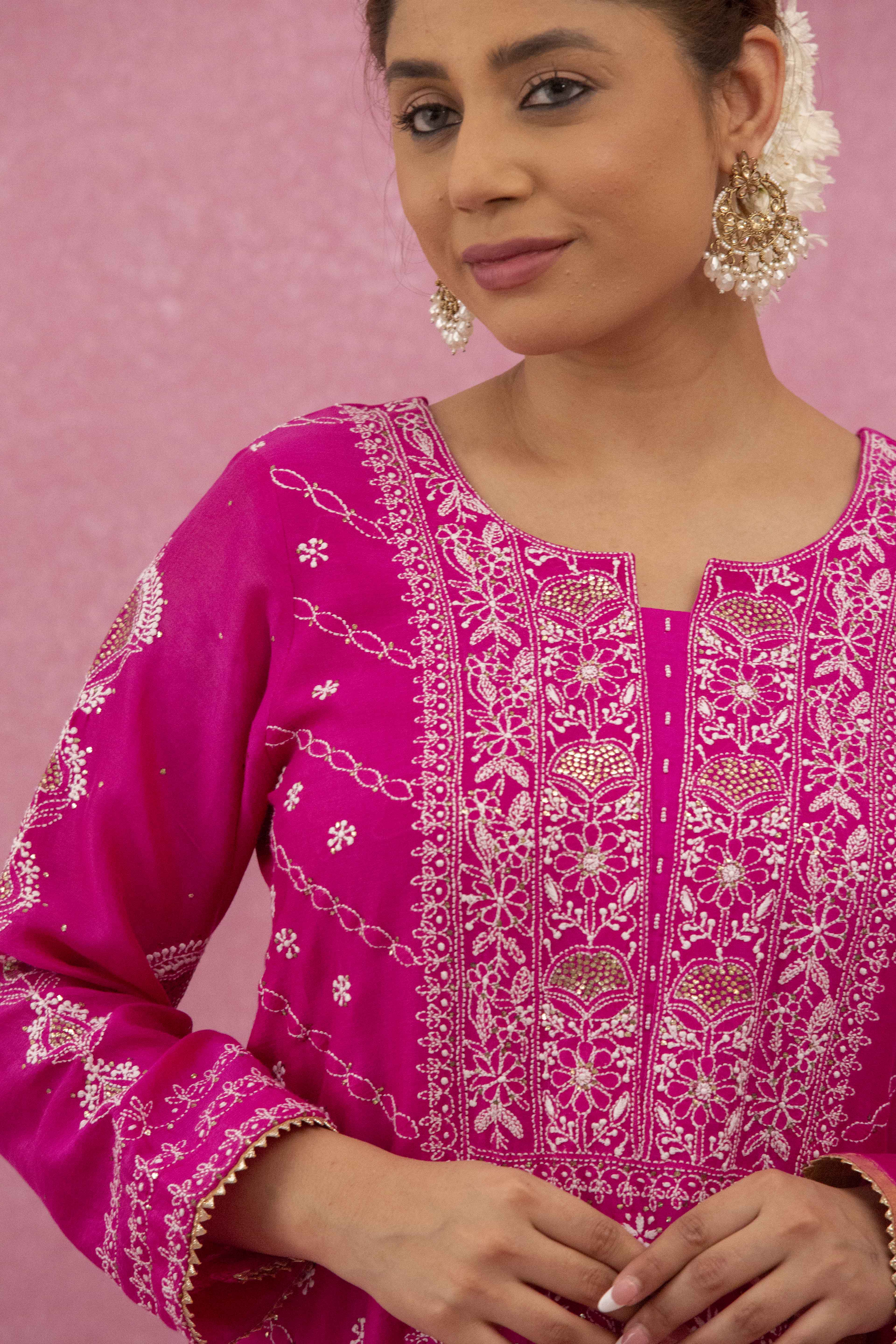 Urviya Chikankari Chanderi Silk Pink Mukaish Panel Suit