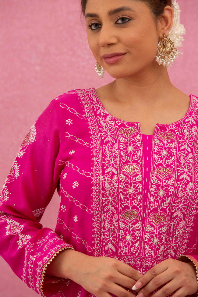 Urviya Chikankari Chanderi Silk Pink Mukaish Panel Suit
