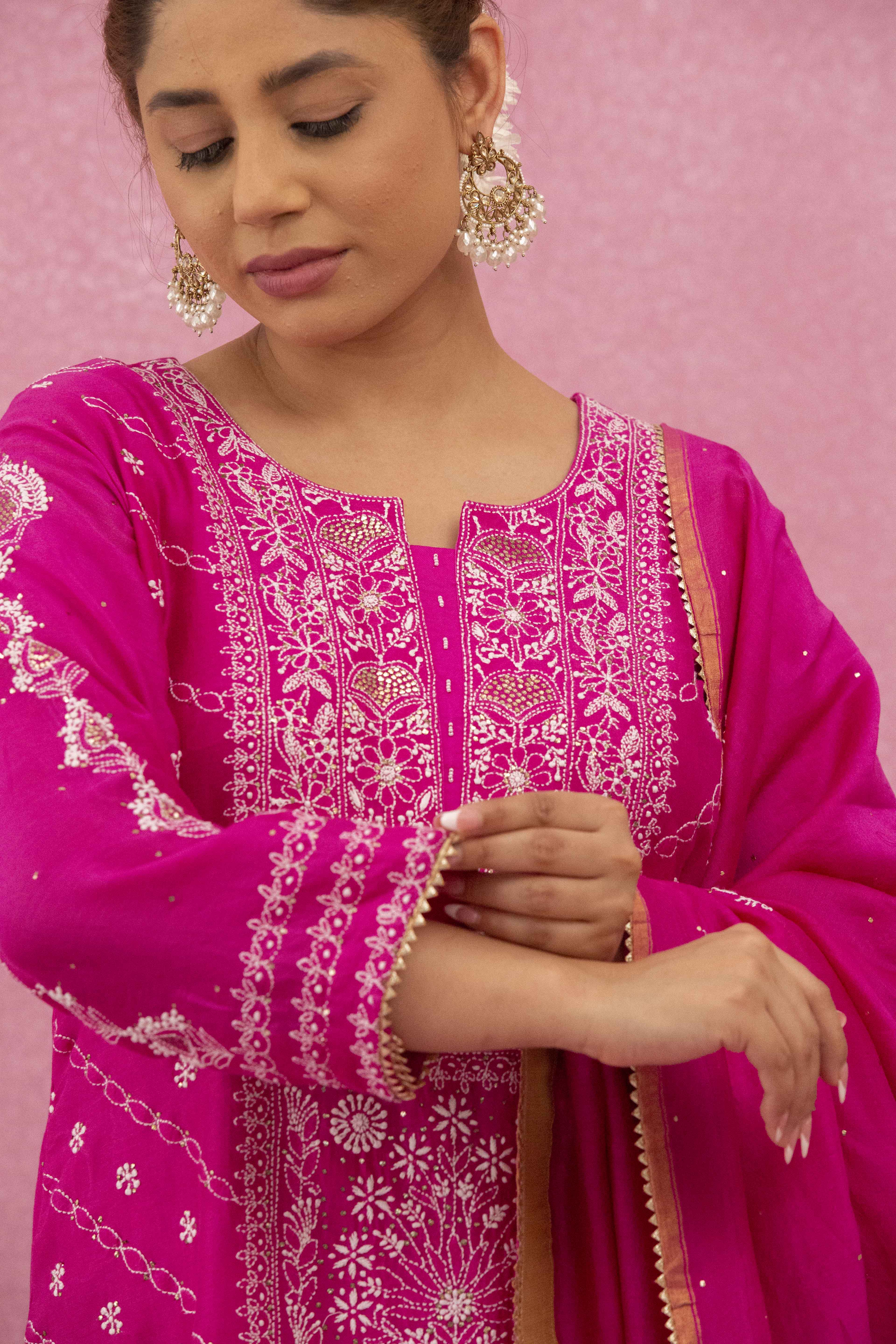Urviya Chikankari Chanderi Silk Pink Mukaish Panel Suit