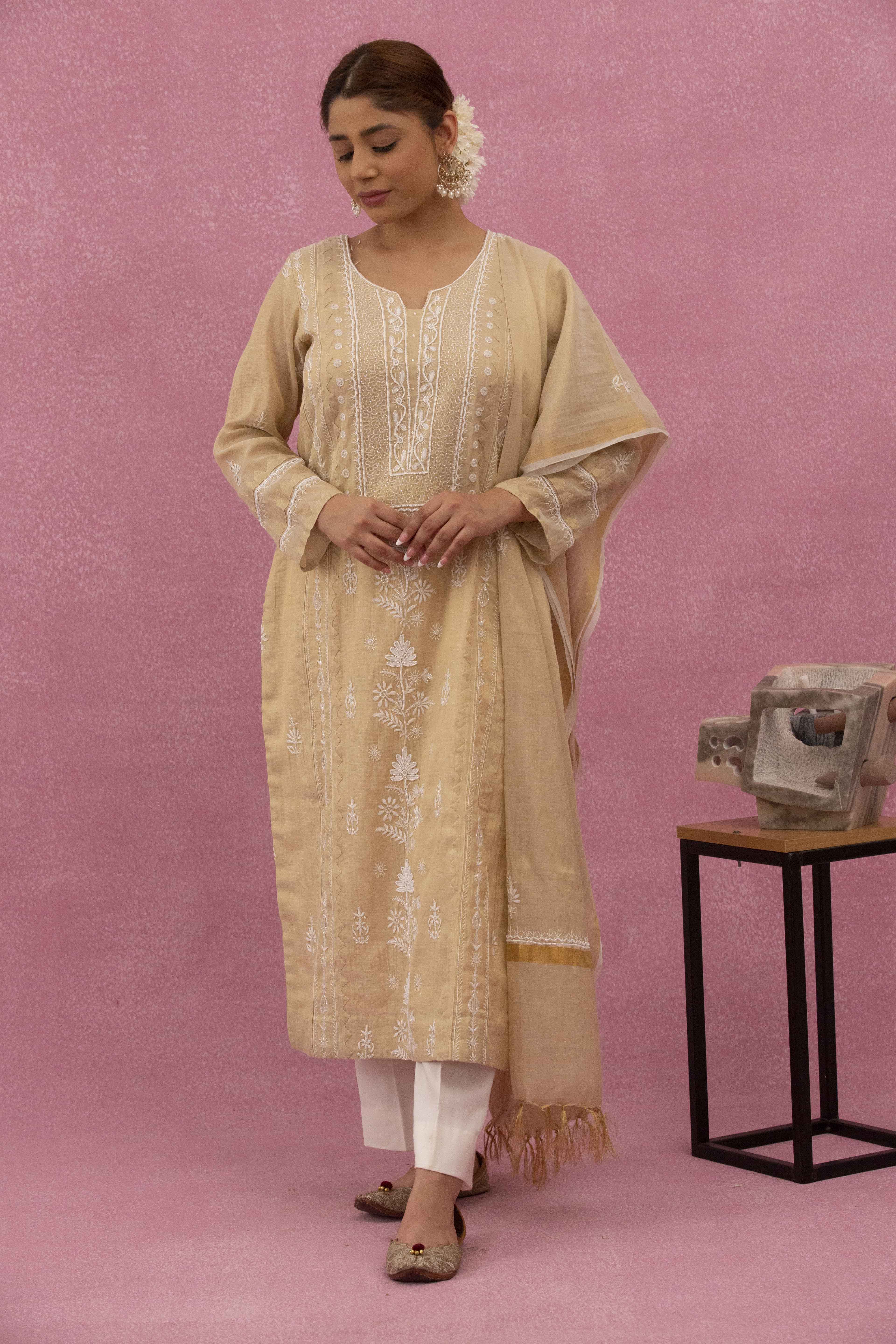 Urviya Chikankari Tissue  Cutdaana Pearl Work Daraj Suit