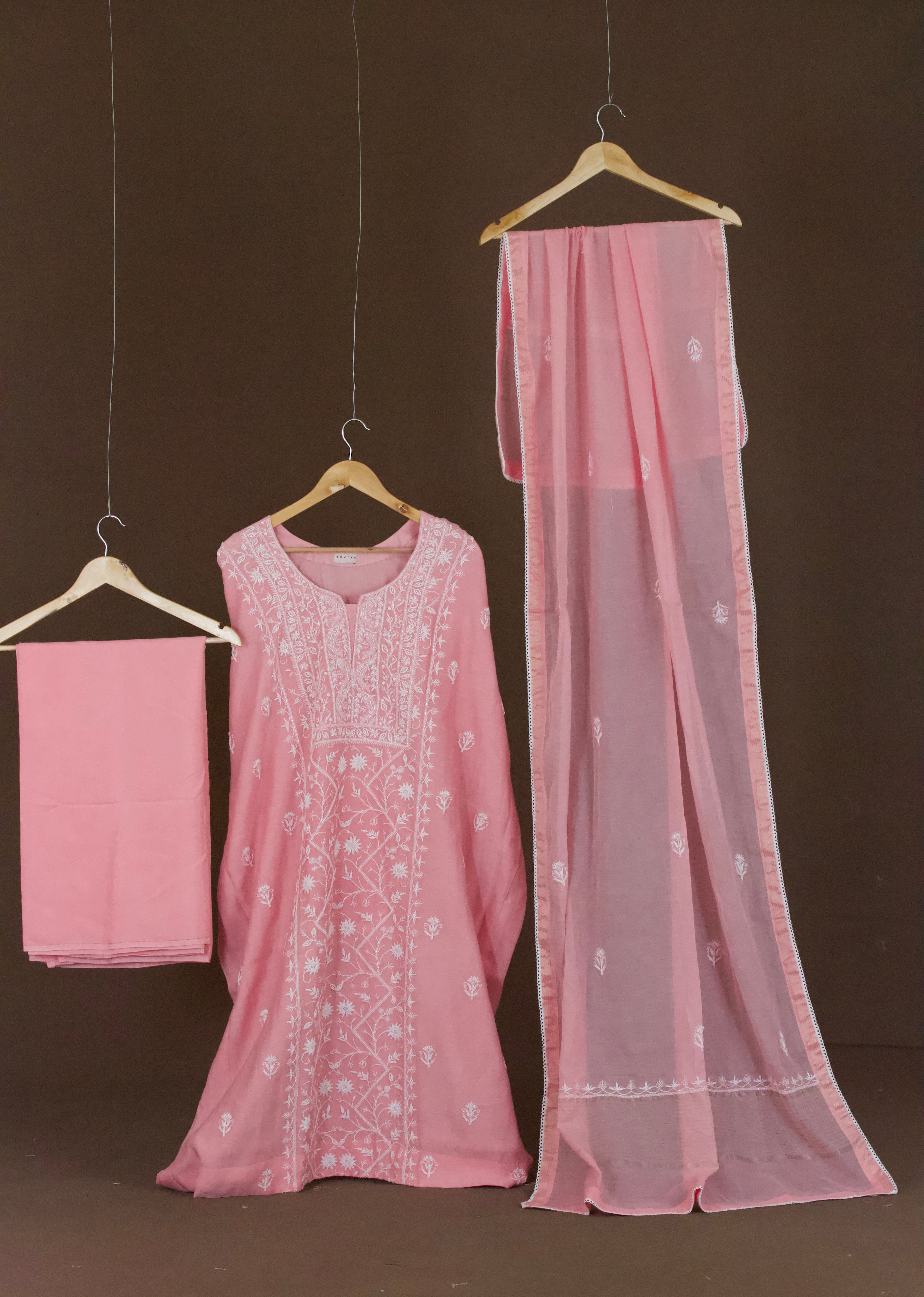 Premium Mul Chanderi Hand Chikankari Semi Stitched 3-Piece Suit Set Panel with  Pearl & Cutdana Work