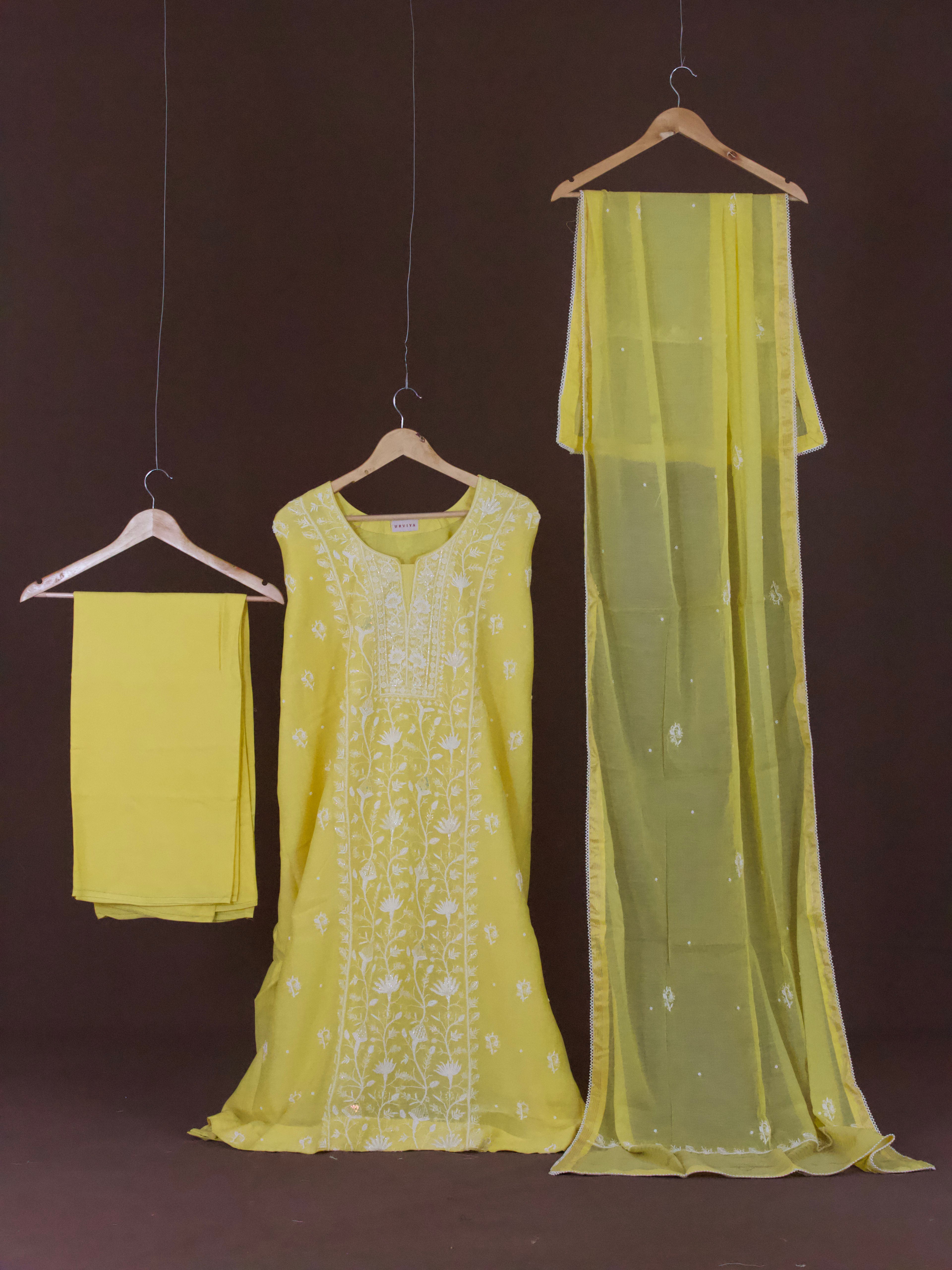 Premium Mul Chanderi Hand Chikankari Semi Stitched 3-Piece Suit Set with Panel  Pearl & Cutdana Work