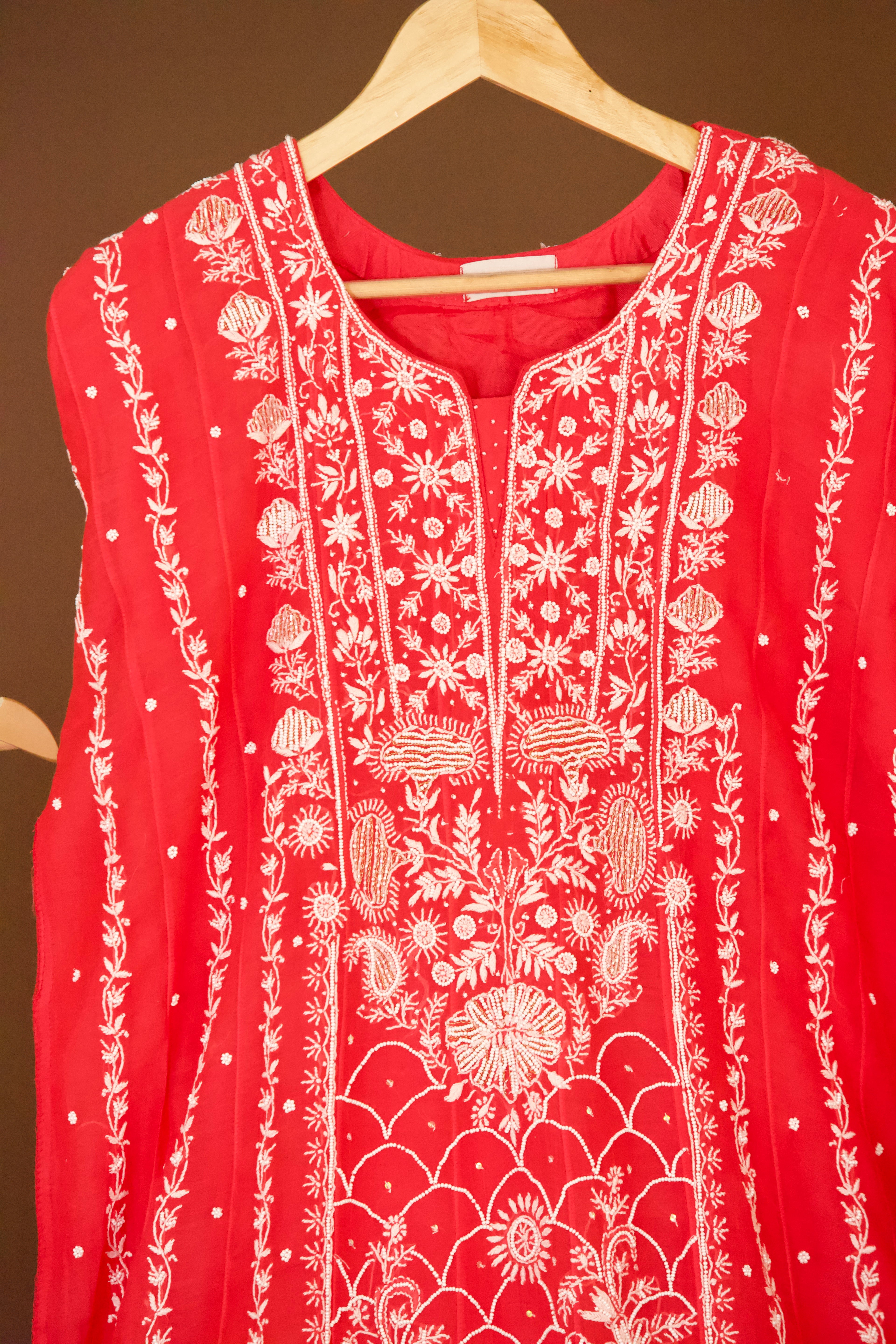 Premium Mul Chanderi Chikankari  Anarkali  Semi Stitched Suit Set with Pearl & Cutdana Work