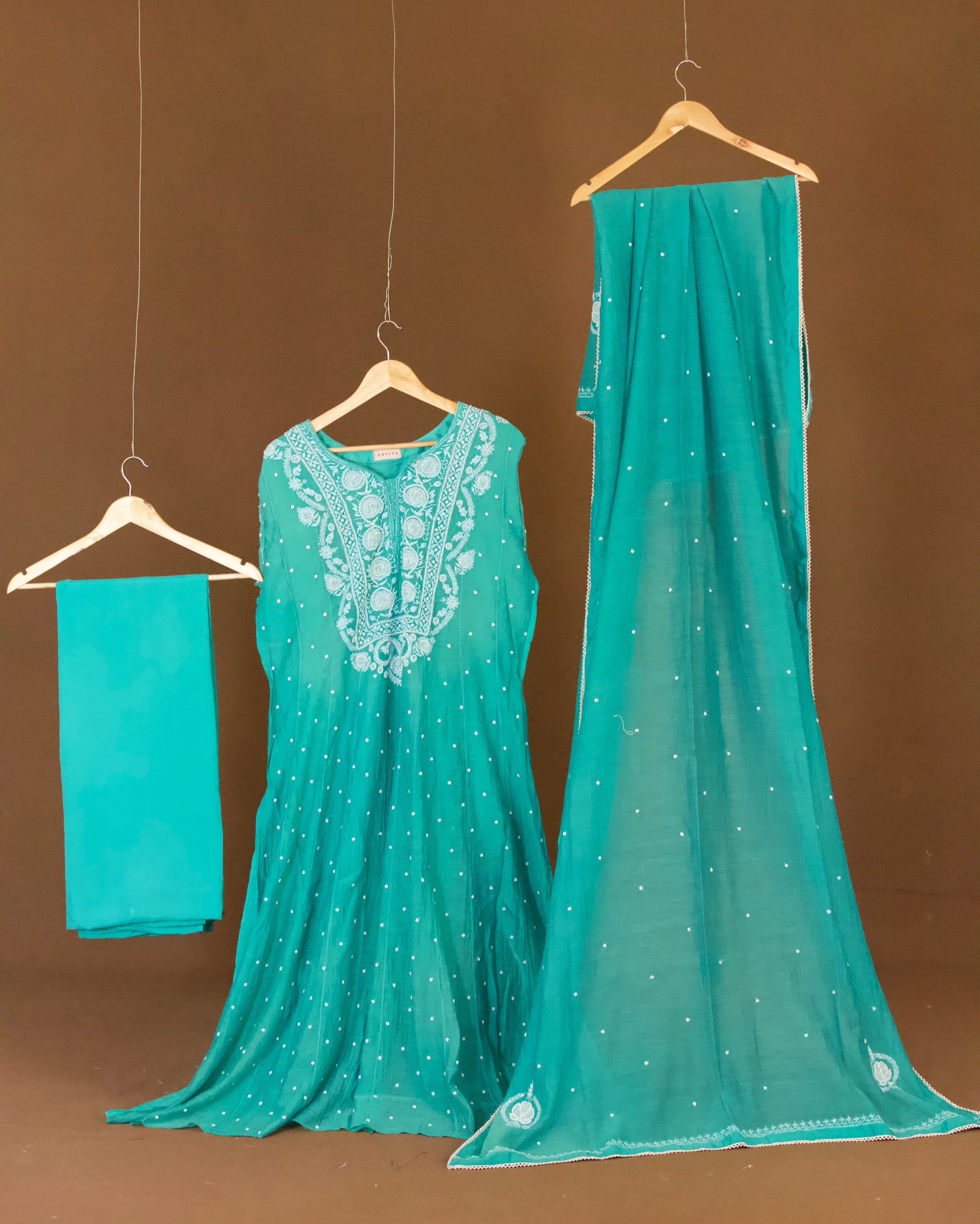 Premium Mul Chanderi Chikankari  Anarkali  Semi Stitched Suit Set with Pearl & Cutdana Work