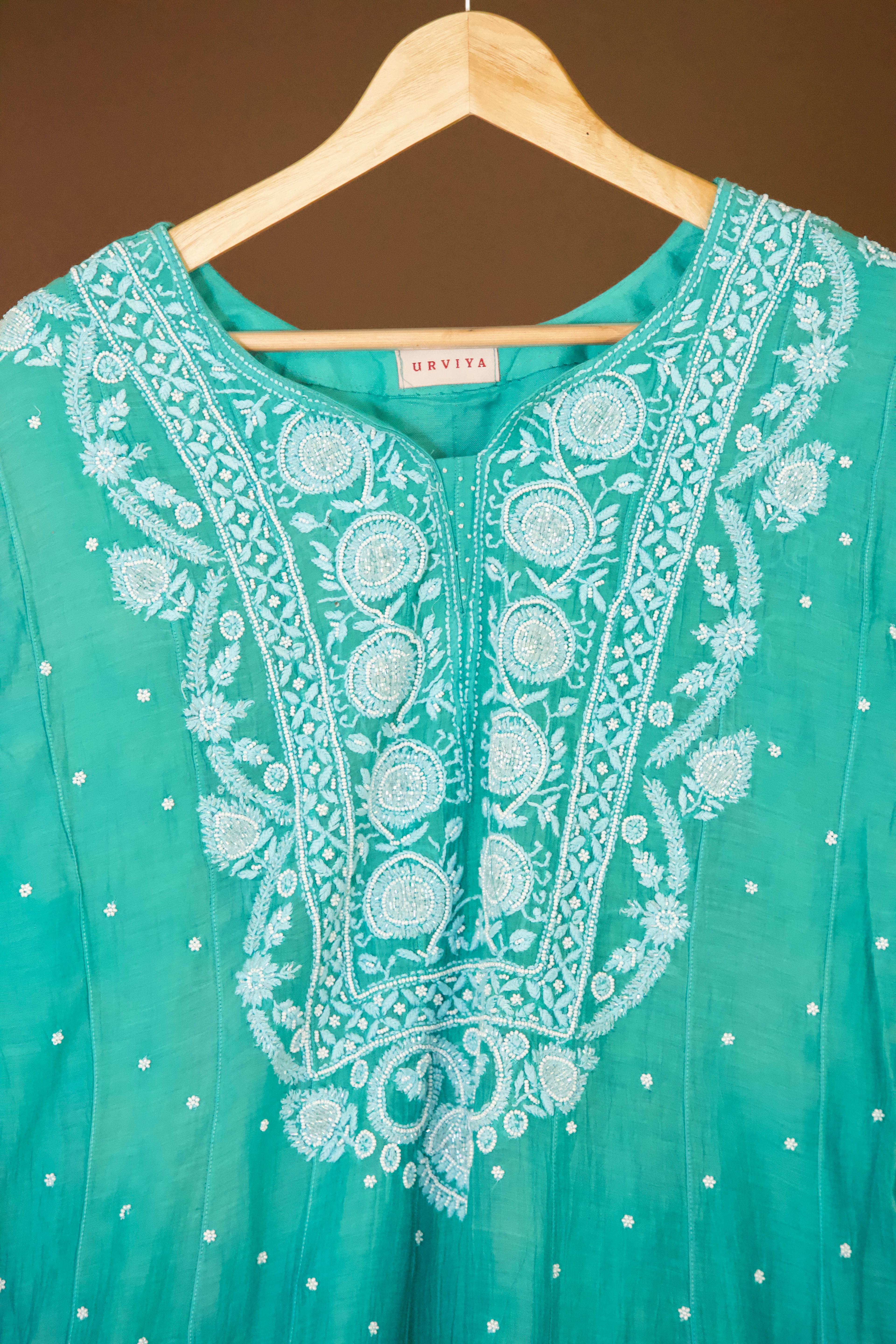 Premium Mul Chanderi Chikankari  Anarkali  Semi Stitched Suit Set with Pearl & Cutdana Work