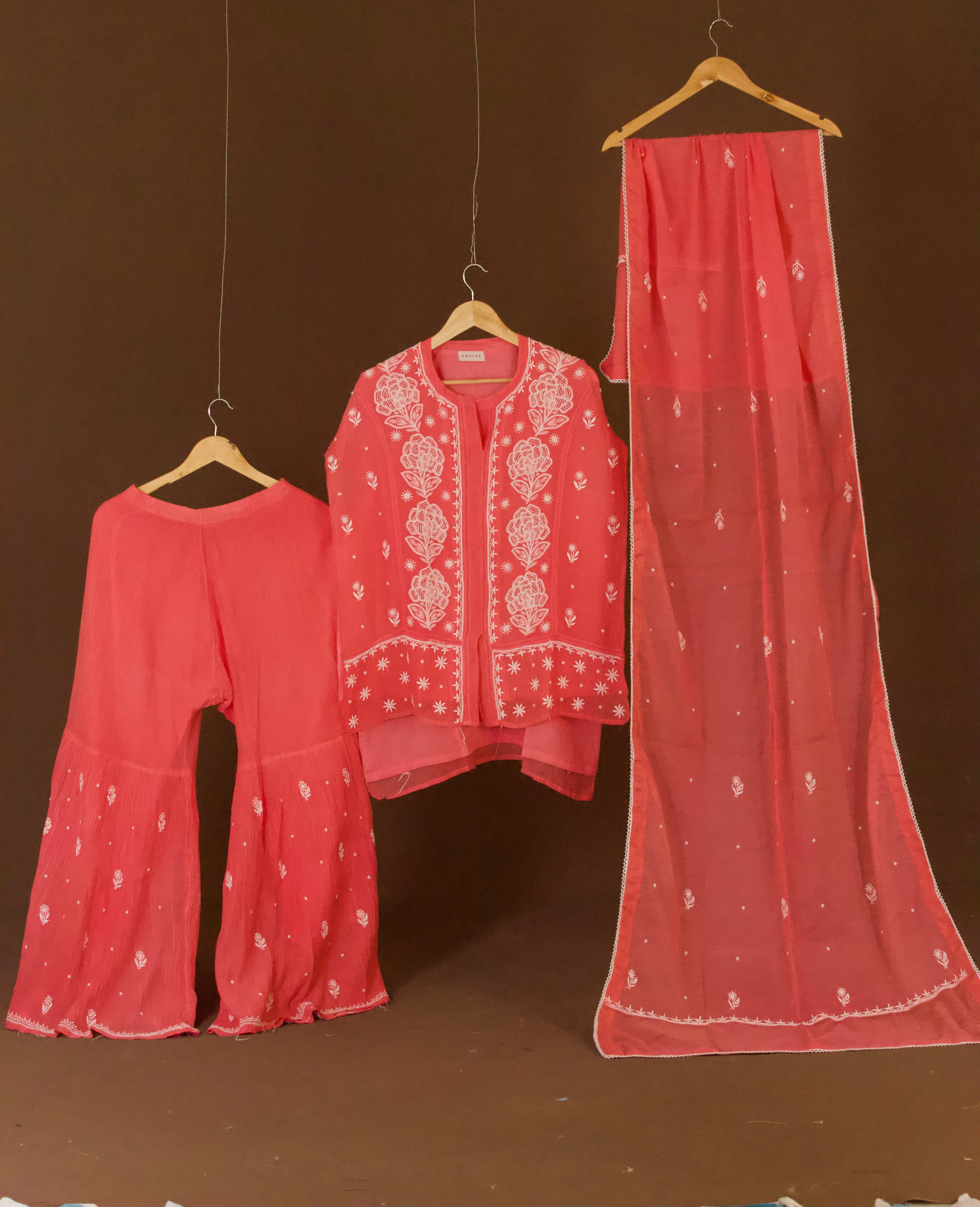Premium Mul Chanderi Chikankari Semi-Stitched Sharara Set with Pearl & Cutdana Work