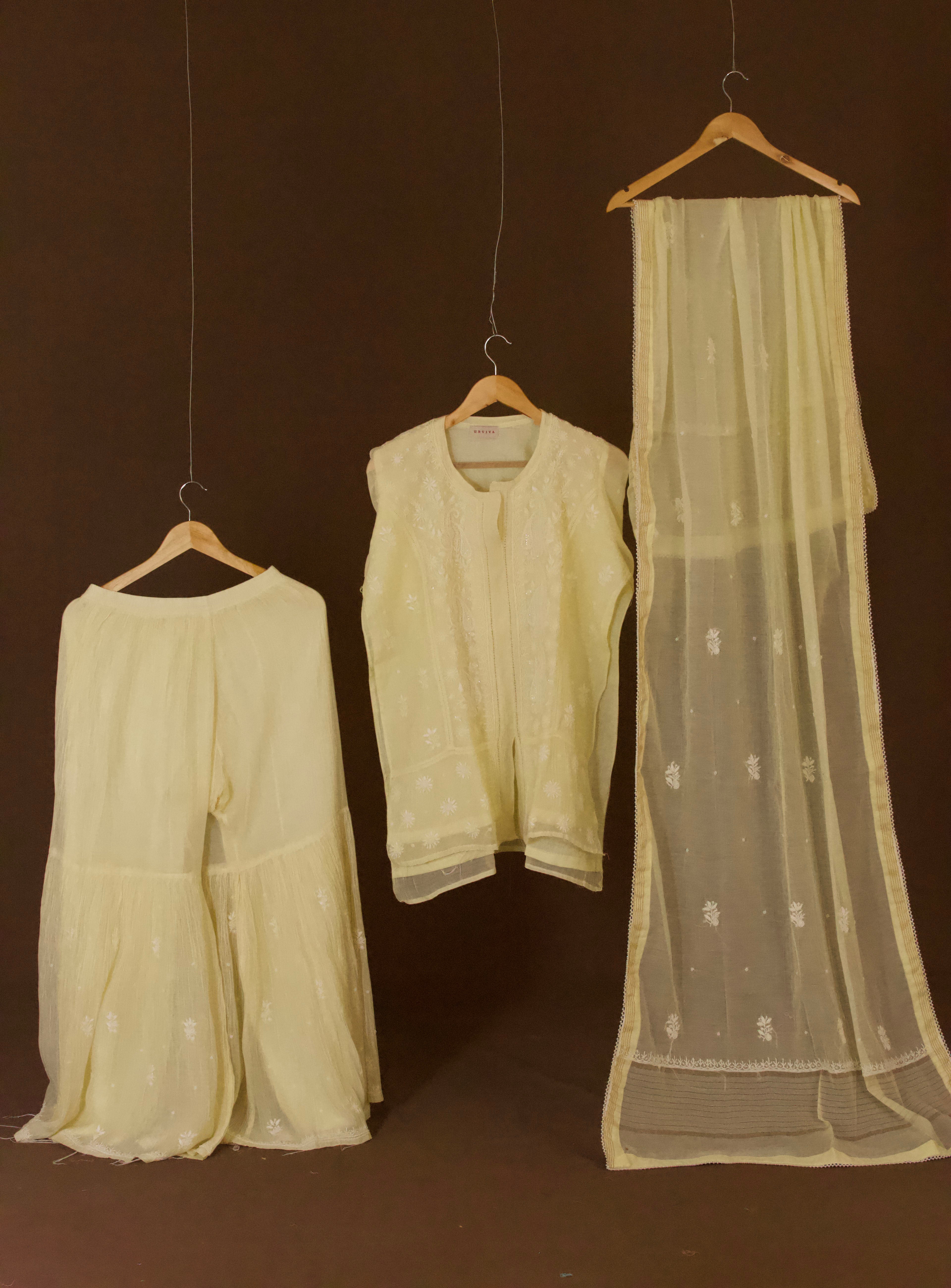 Premium Mul Chanderi Chikankari Semi-Stitched Sharara Set with Pearl & Cutdana Work