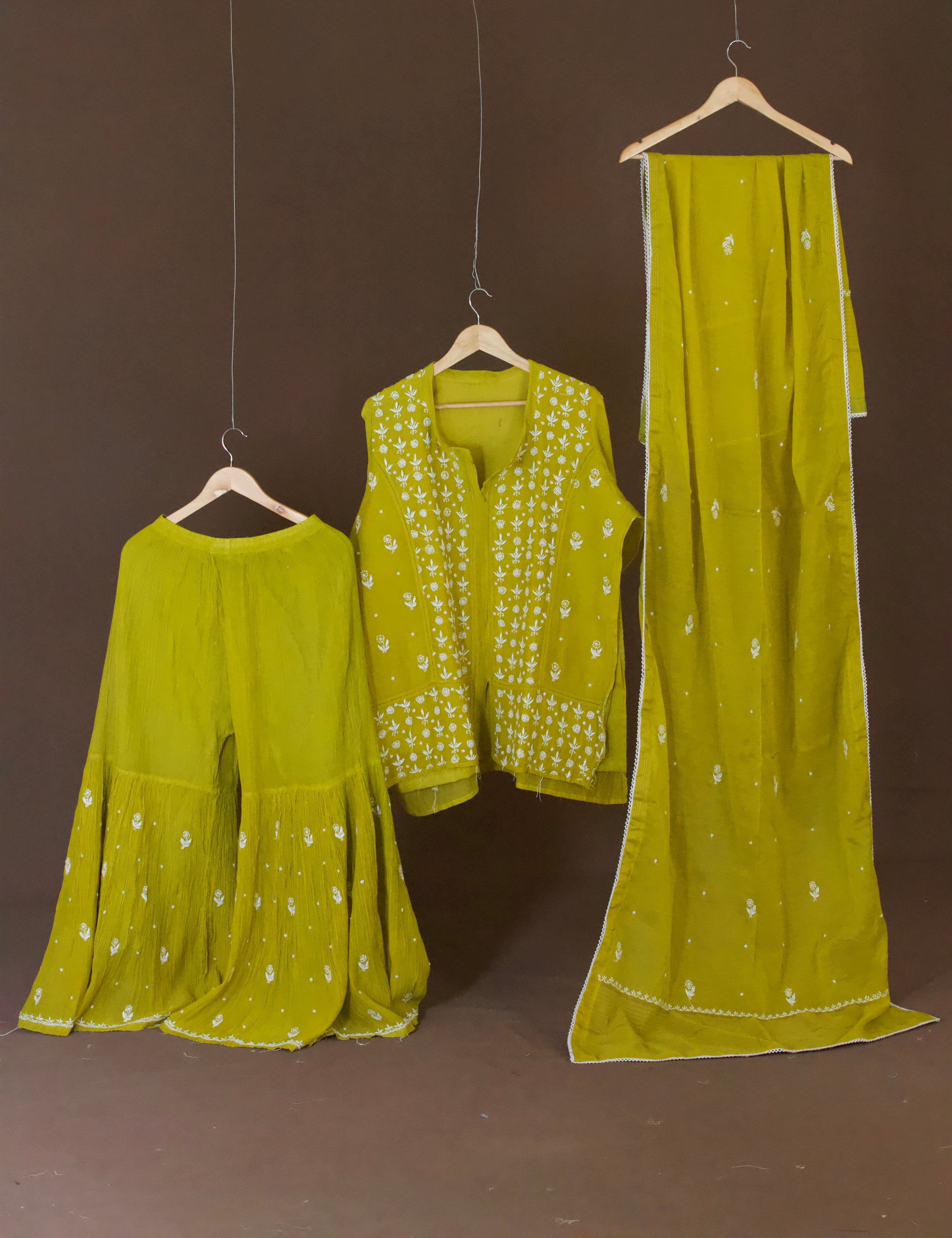 Premium Mul Chanderi Chikankari Semi-Stitched Sharara Set with Pearl & Cutdana Work