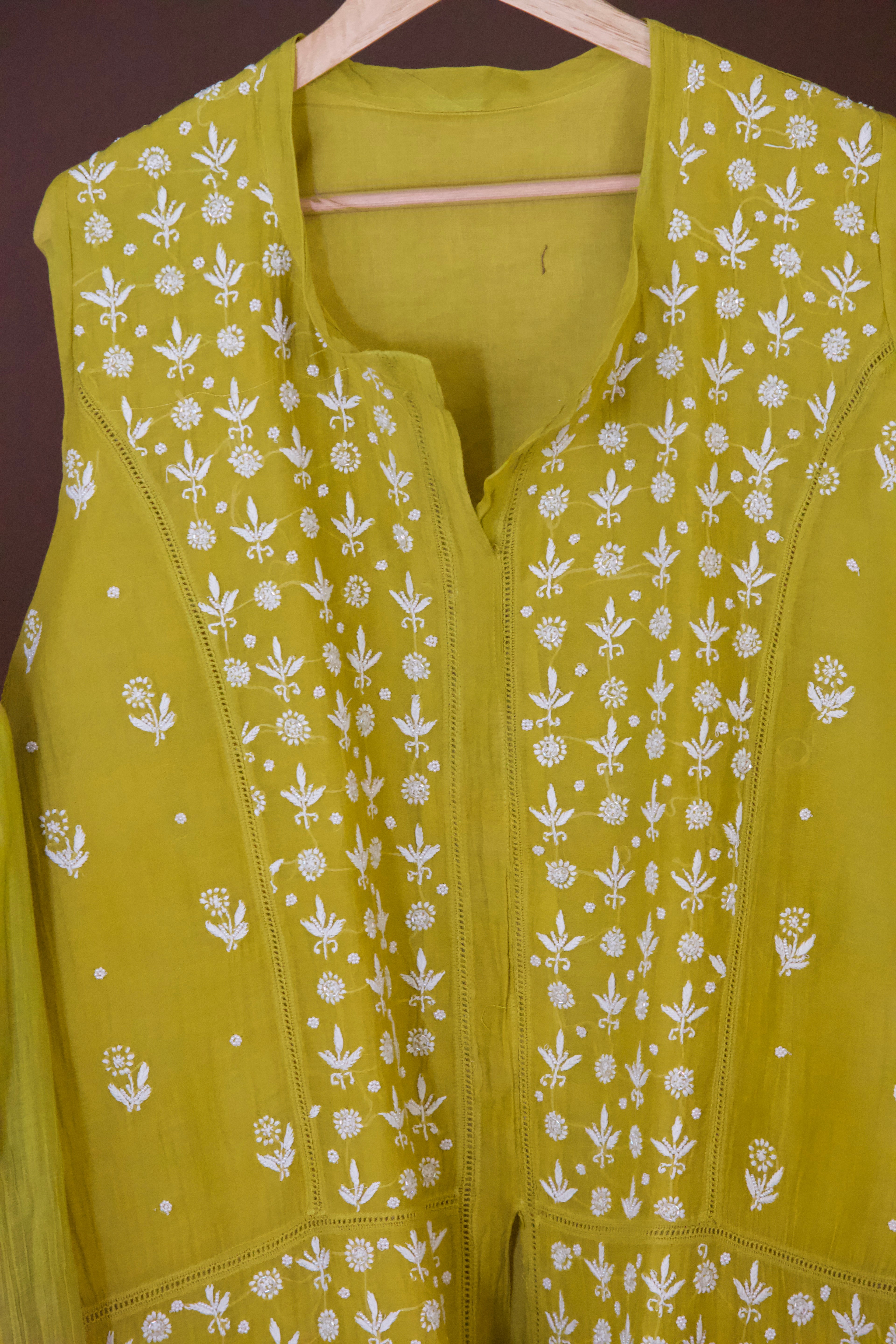 Premium Mul Chanderi Chikankari Semi-Stitched Sharara Set with Pearl & Cutdana Work