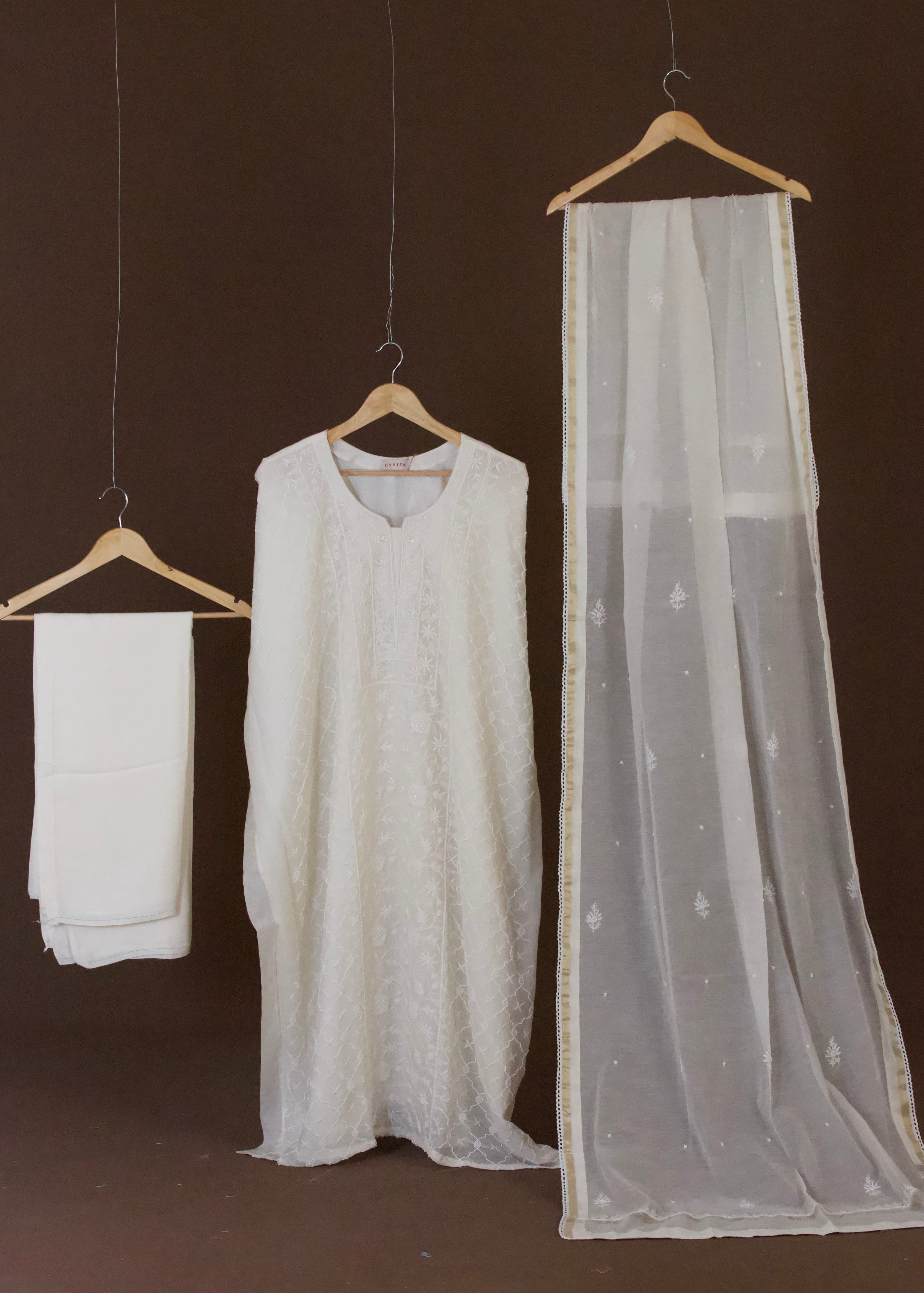 Premium Mul Chanderi Hand Chikankari Semi Stitched 3-Piece Suit Set Full Jaal with  Pearl & Cutdana Work