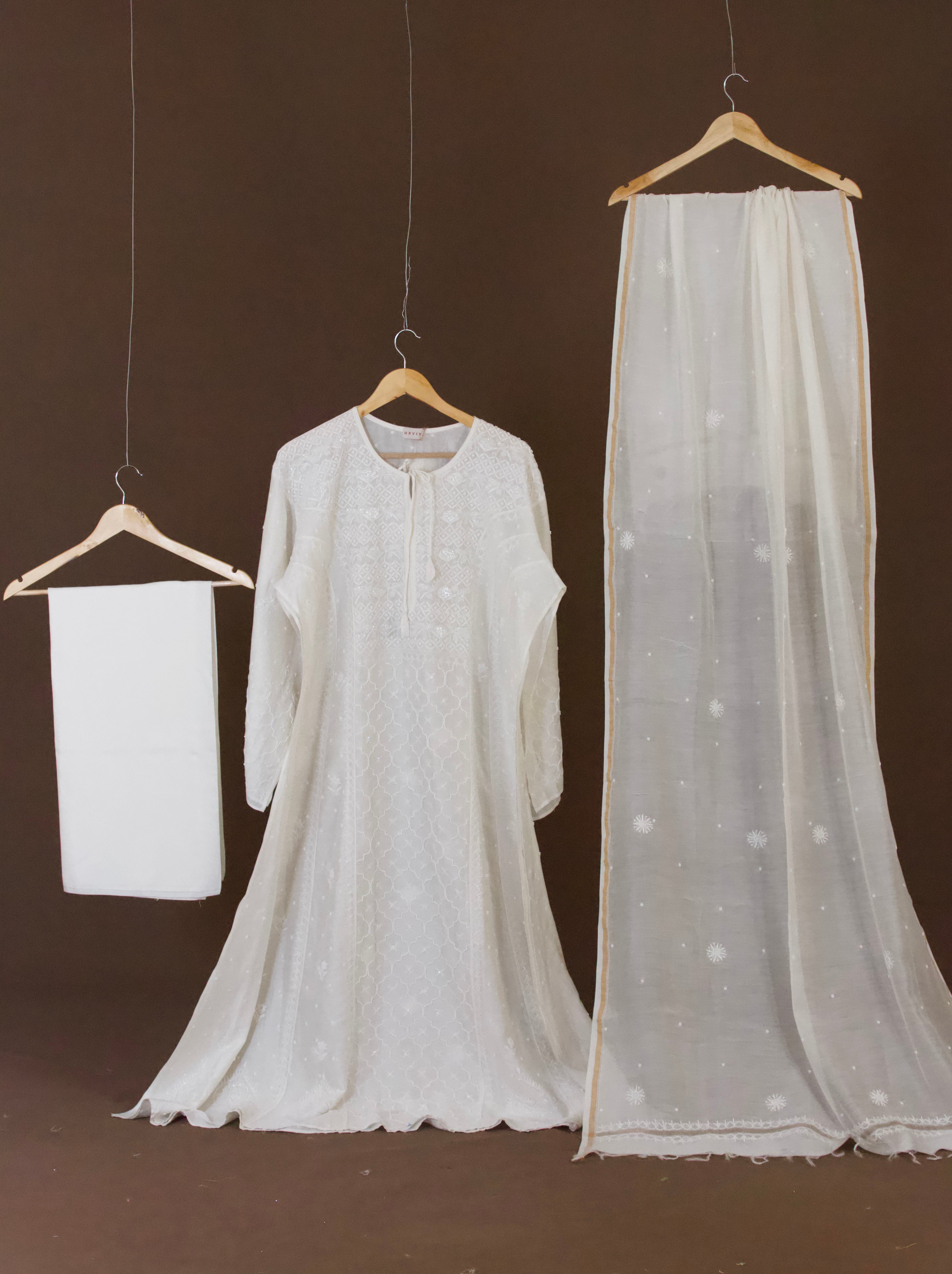 Premium Chanderi Silk Chikankari  Anarkali  Semi Stitched Suit Set with Pearl & Cutdana Work