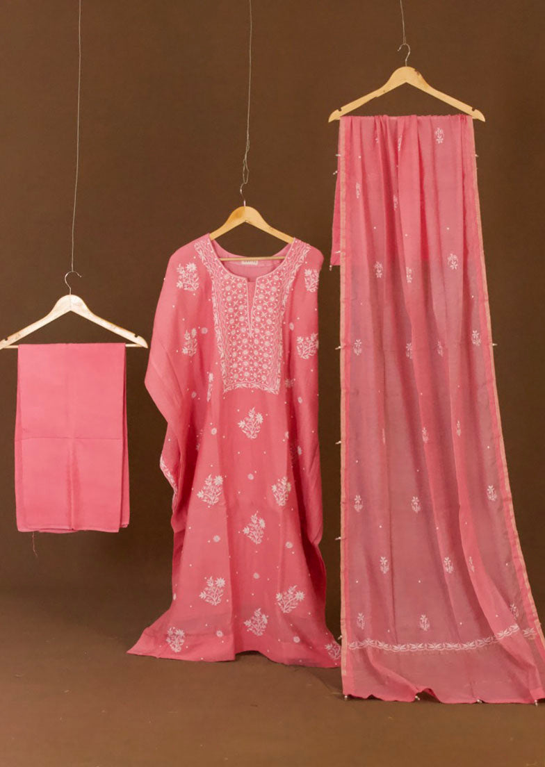 Premium Mul Chanderi Hand Chikankari Semi Stitched 3-Piece Suit Set Gala Boota with  Pearl & Cutdana Work