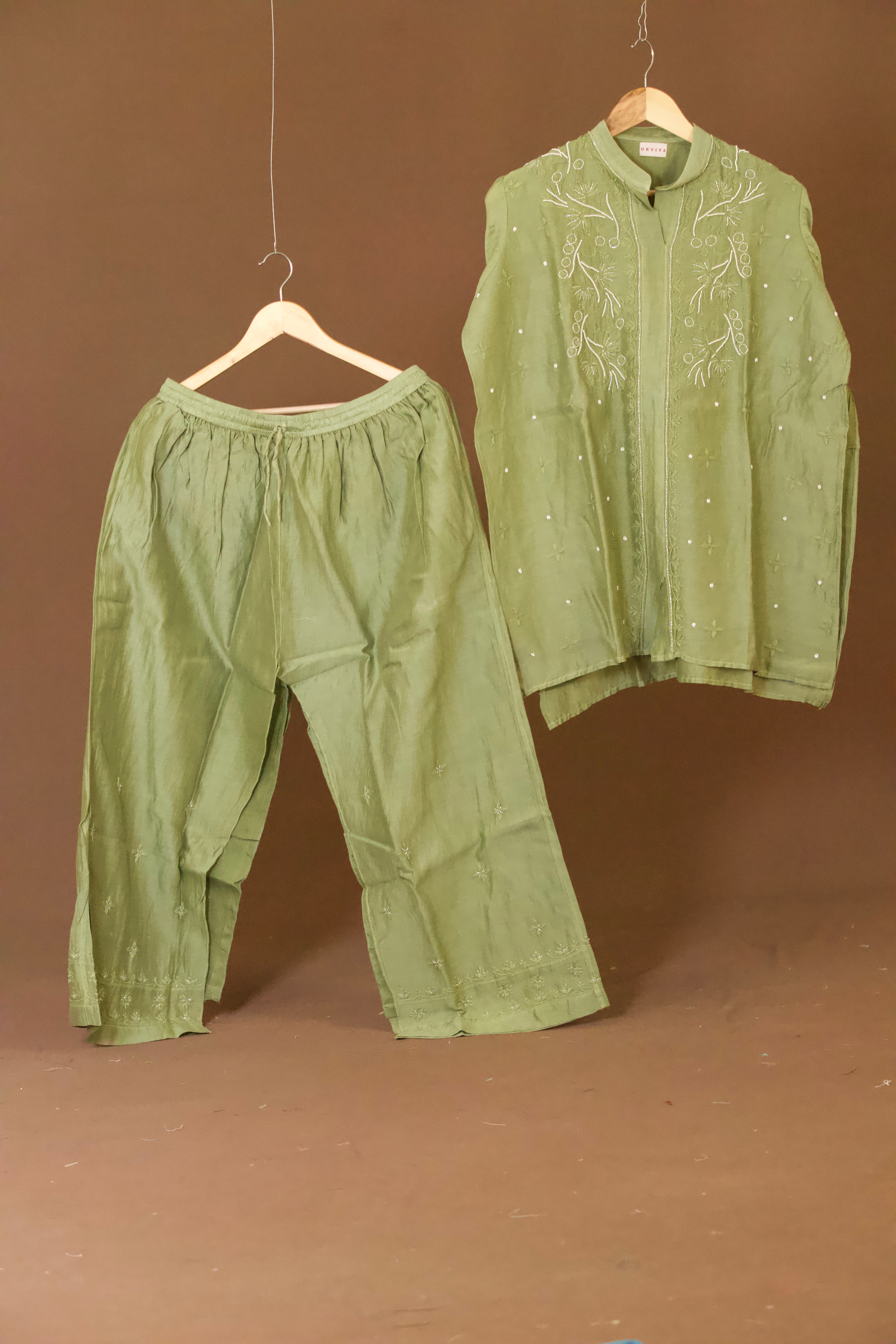 Chikankari co-ord set in premium Chanderi Silk with pearl & cutdana work. Perfect for festive & luxury office wear.