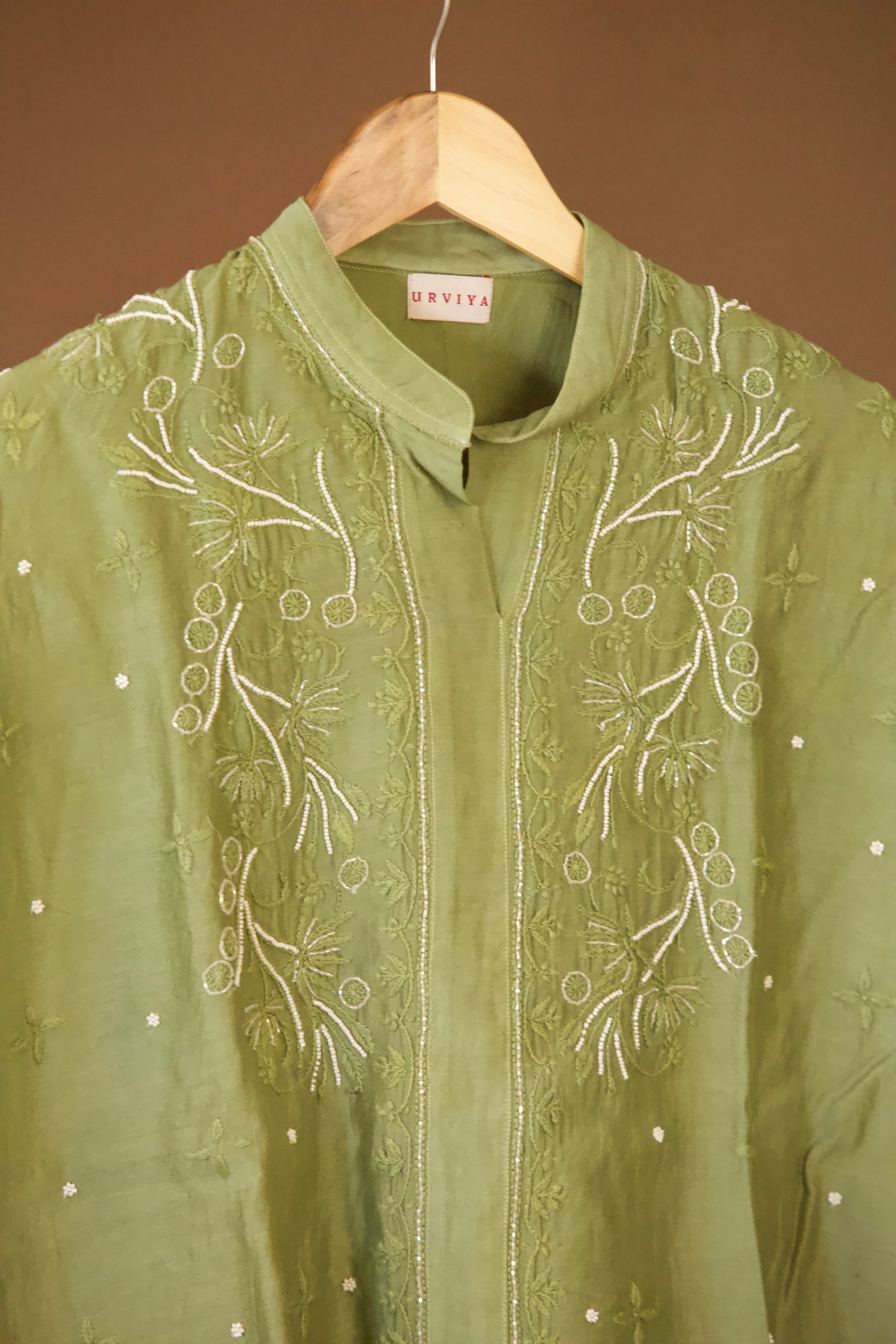 Chikankari co-ord set in premium Chanderi Silk with pearl & cutdana work. Perfect for festive & luxury office wear.