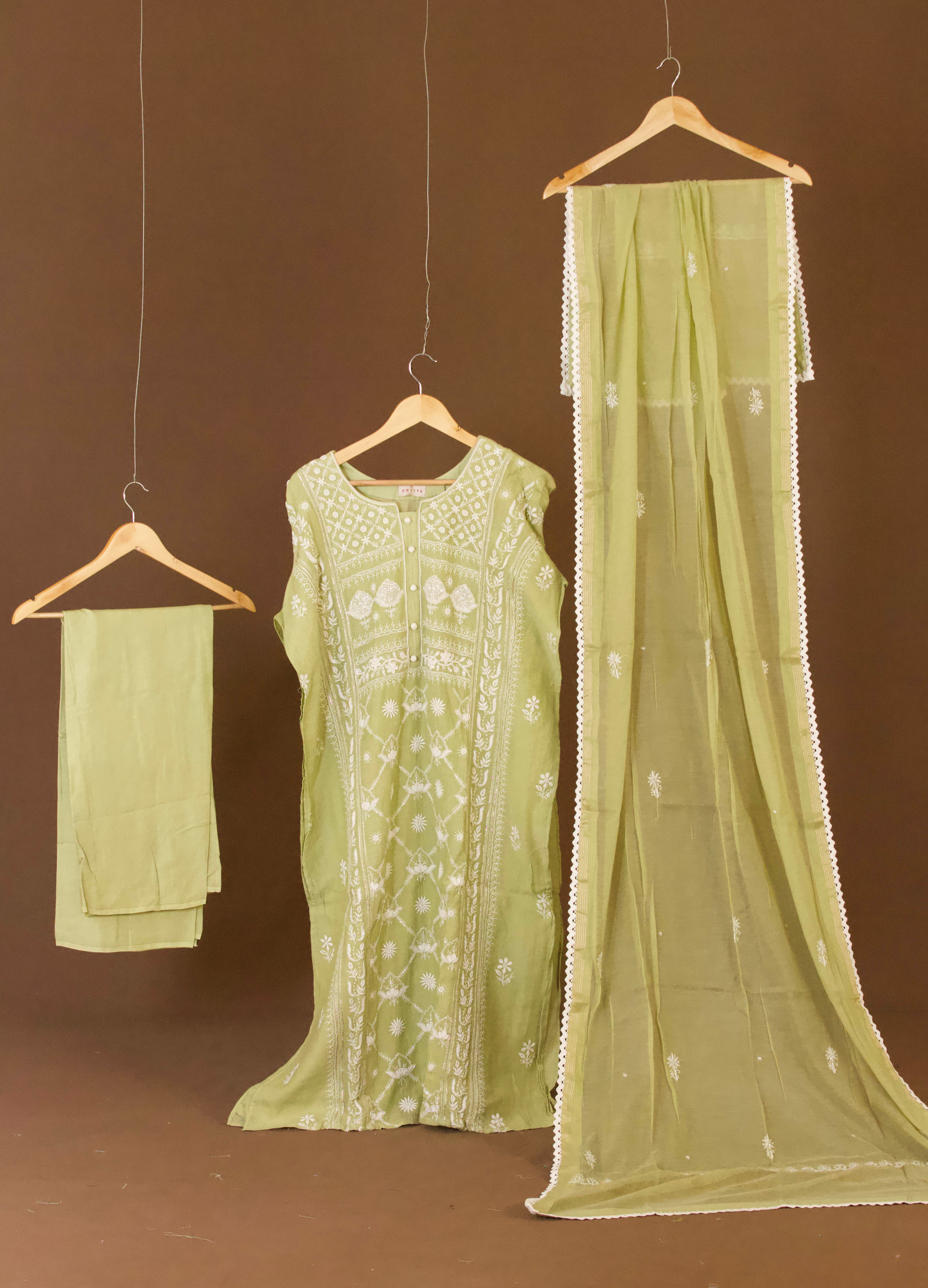 Premium Mul Chanderi Hand Chikankari Semi Stitched 3-Piece Suit Set Panel with  Pearl & Cutdana Work