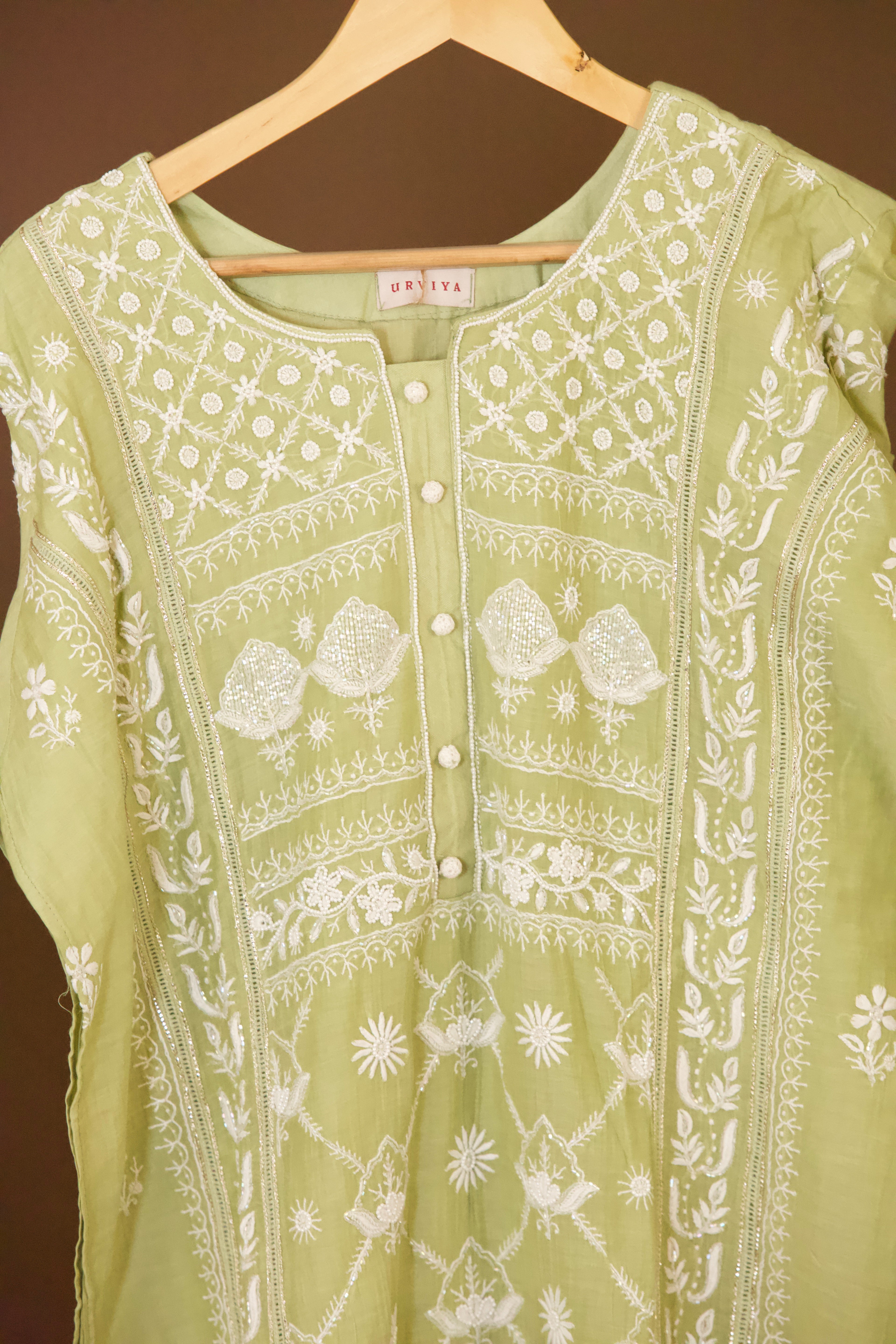 Premium Mul Chanderi Hand Chikankari Semi Stitched 3-Piece Suit Set Panel with  Pearl & Cutdana Work