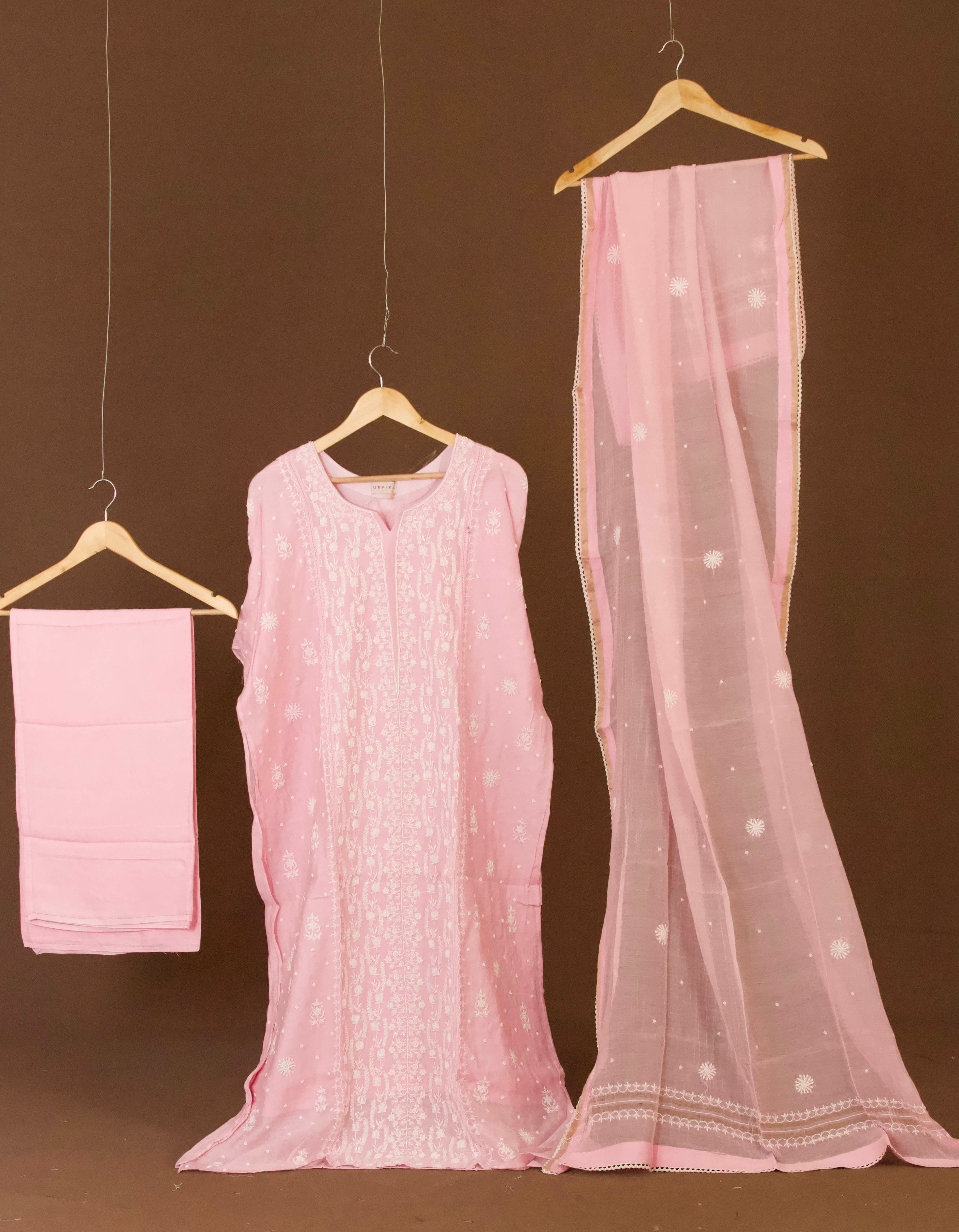 Premium Mul Chanderi Hand Chikankari Semi Stitched 3-Piece Suit Set Panel with  Pearl & Cutdana Work