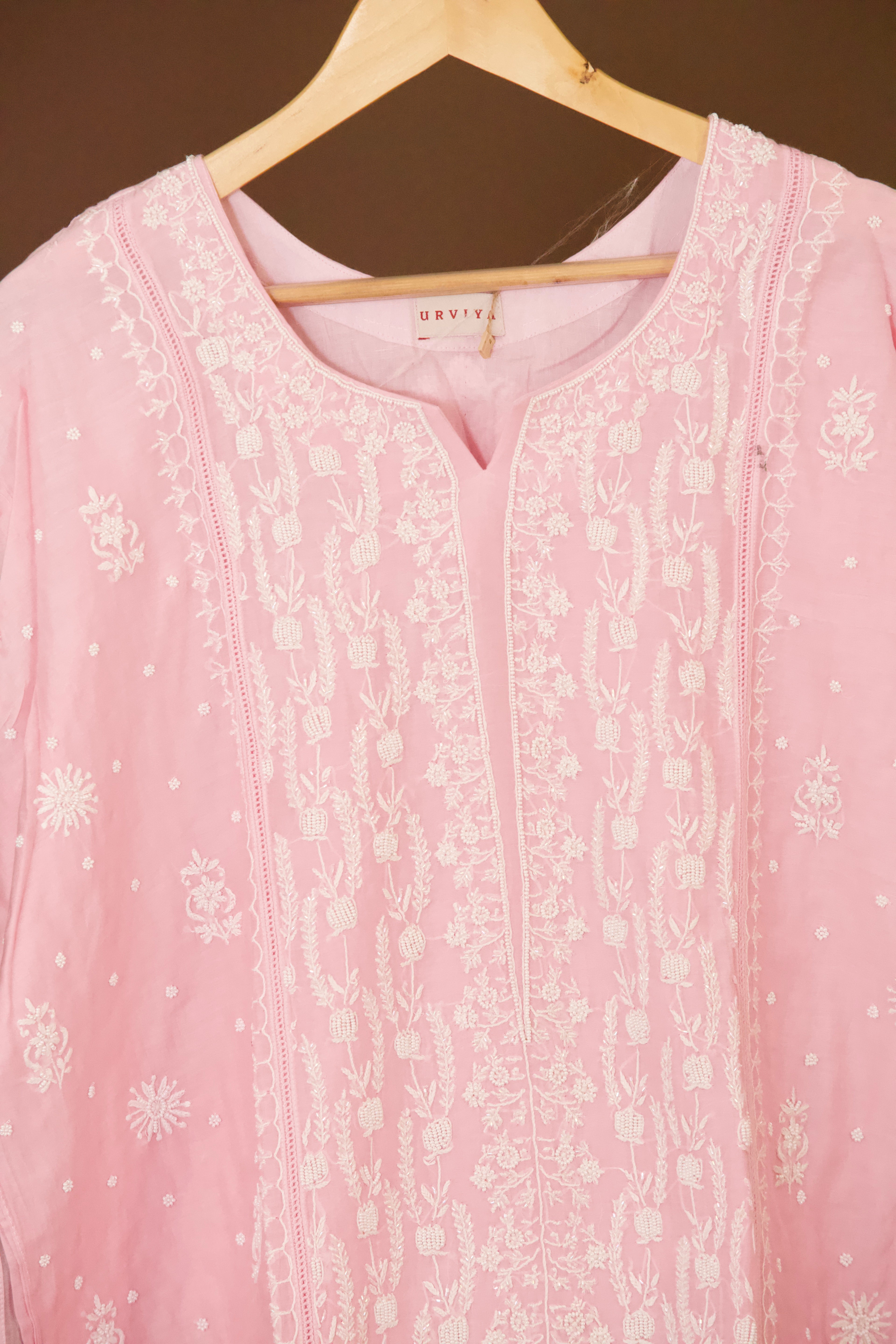 Premium Mul Chanderi Hand Chikankari Semi Stitched 3-Piece Suit Set Panel with  Pearl & Cutdana Work