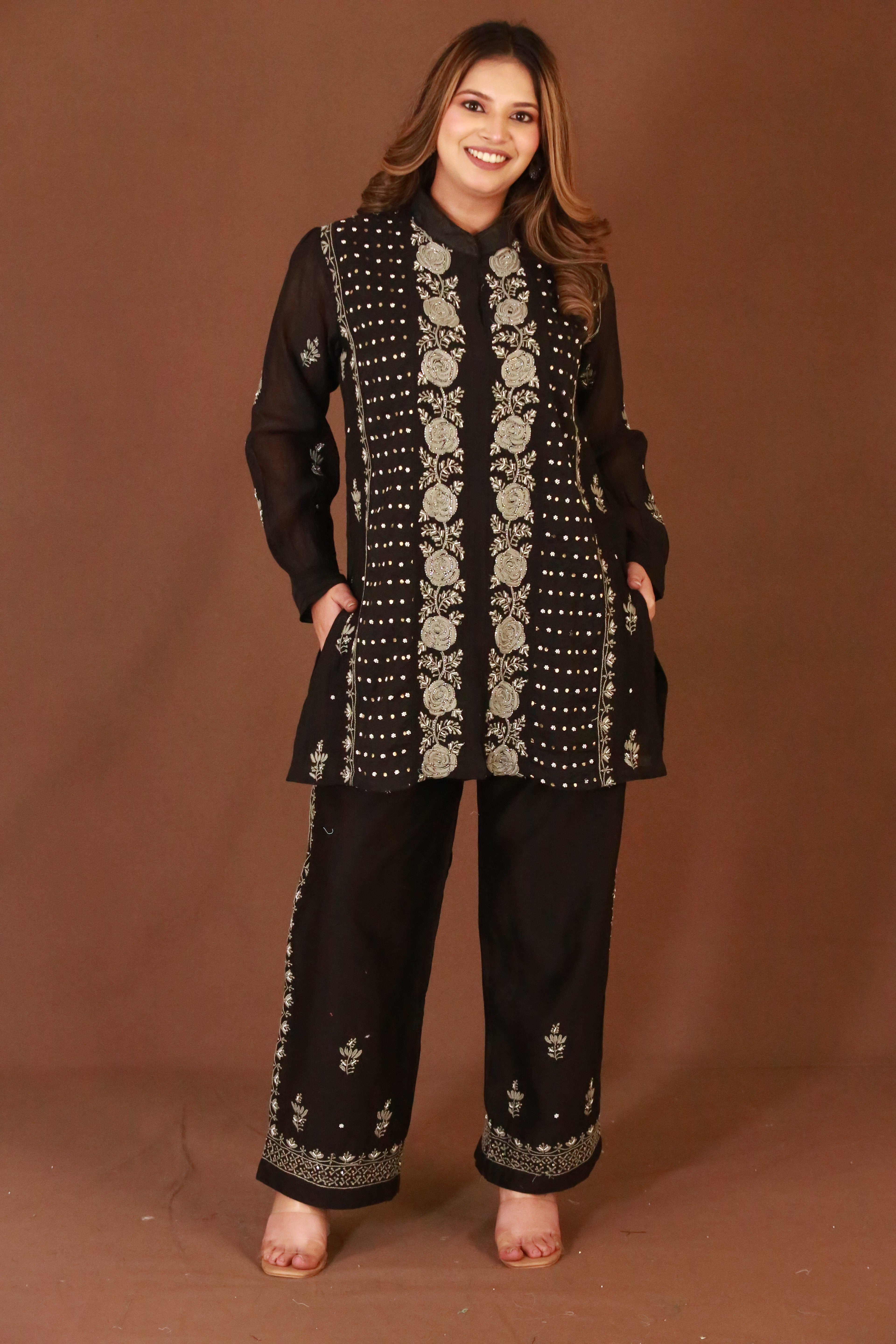 Chikankari co-ord set in premium Banarasi Mul Chanderi with pearl & cutdana work