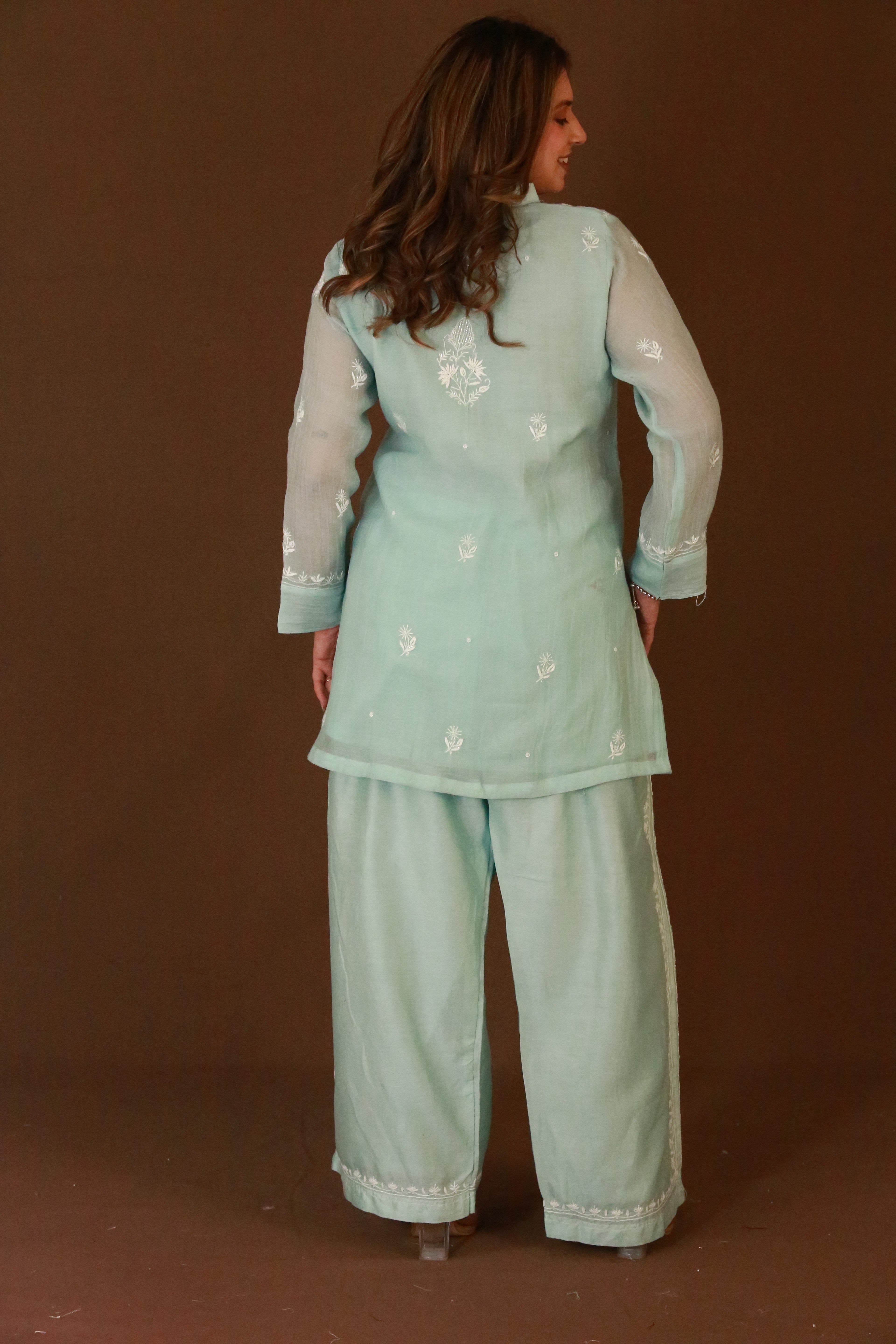 Chikankari co-ord set in premium Mul Chanderi with pearl & cutdana work