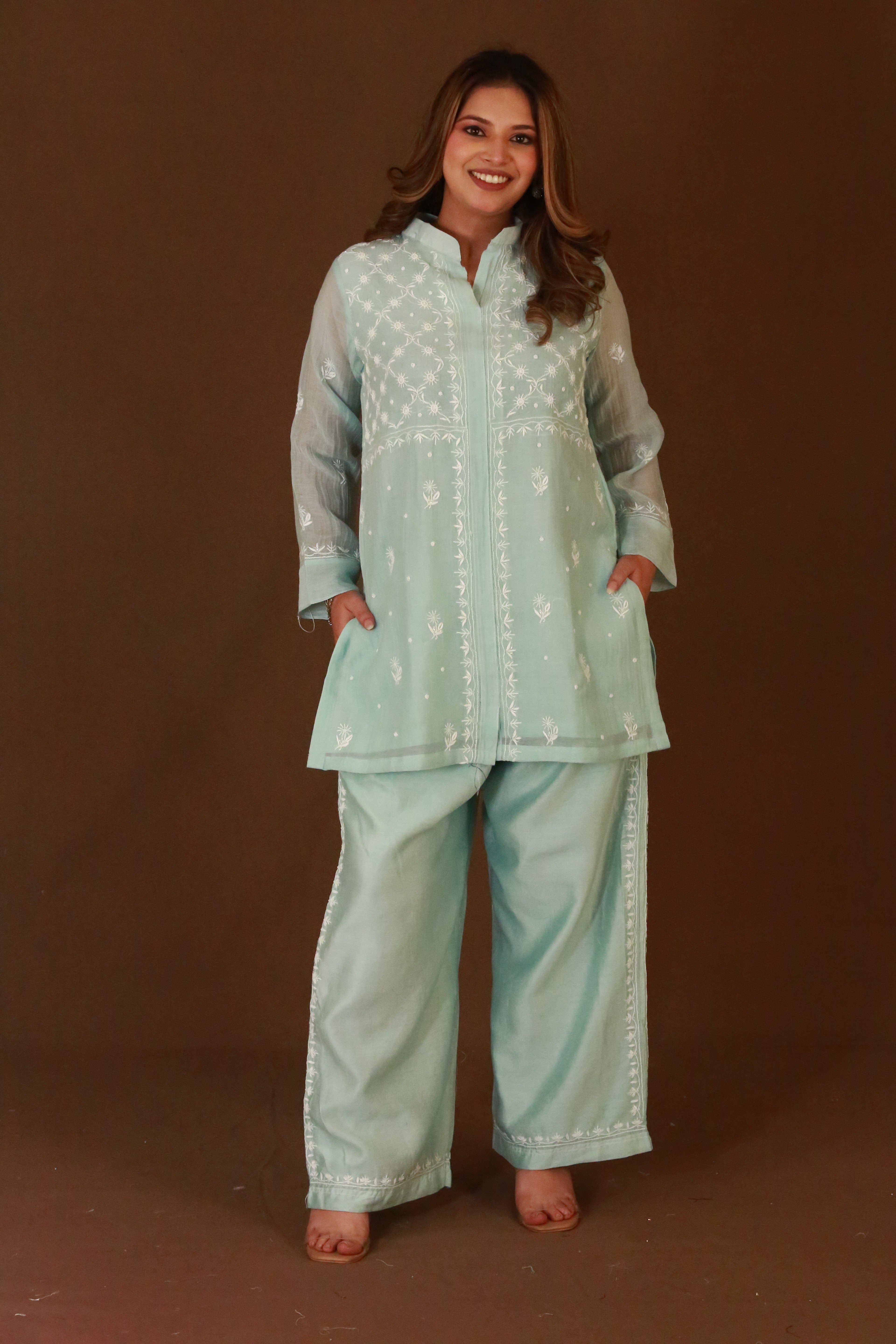 Chikankari co-ord set in premium Mul Chanderi with pearl & cutdana work