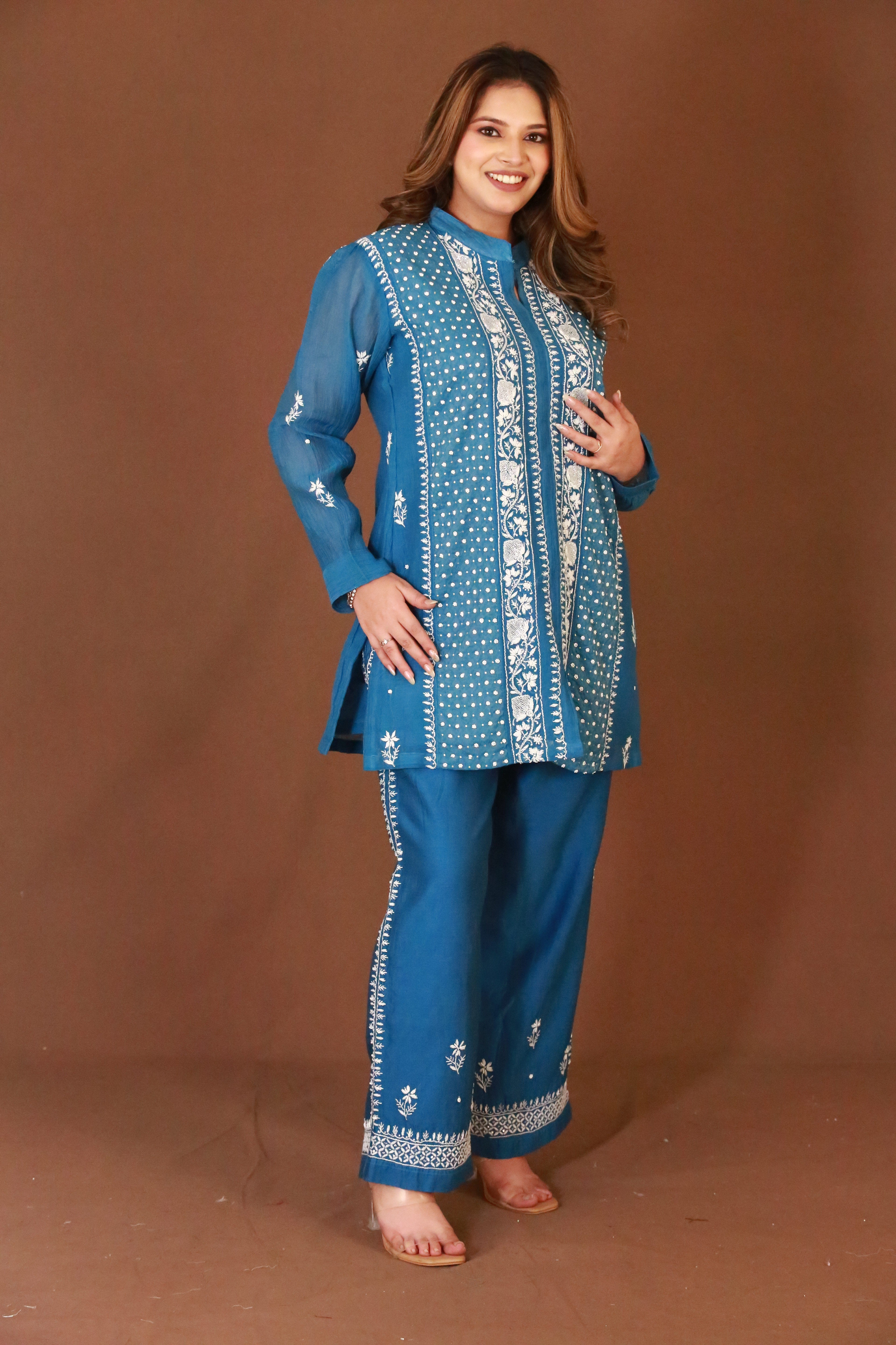 Chikankari co-ord set in premium Banarasi Mul Chanderi with pearl & cutdana work