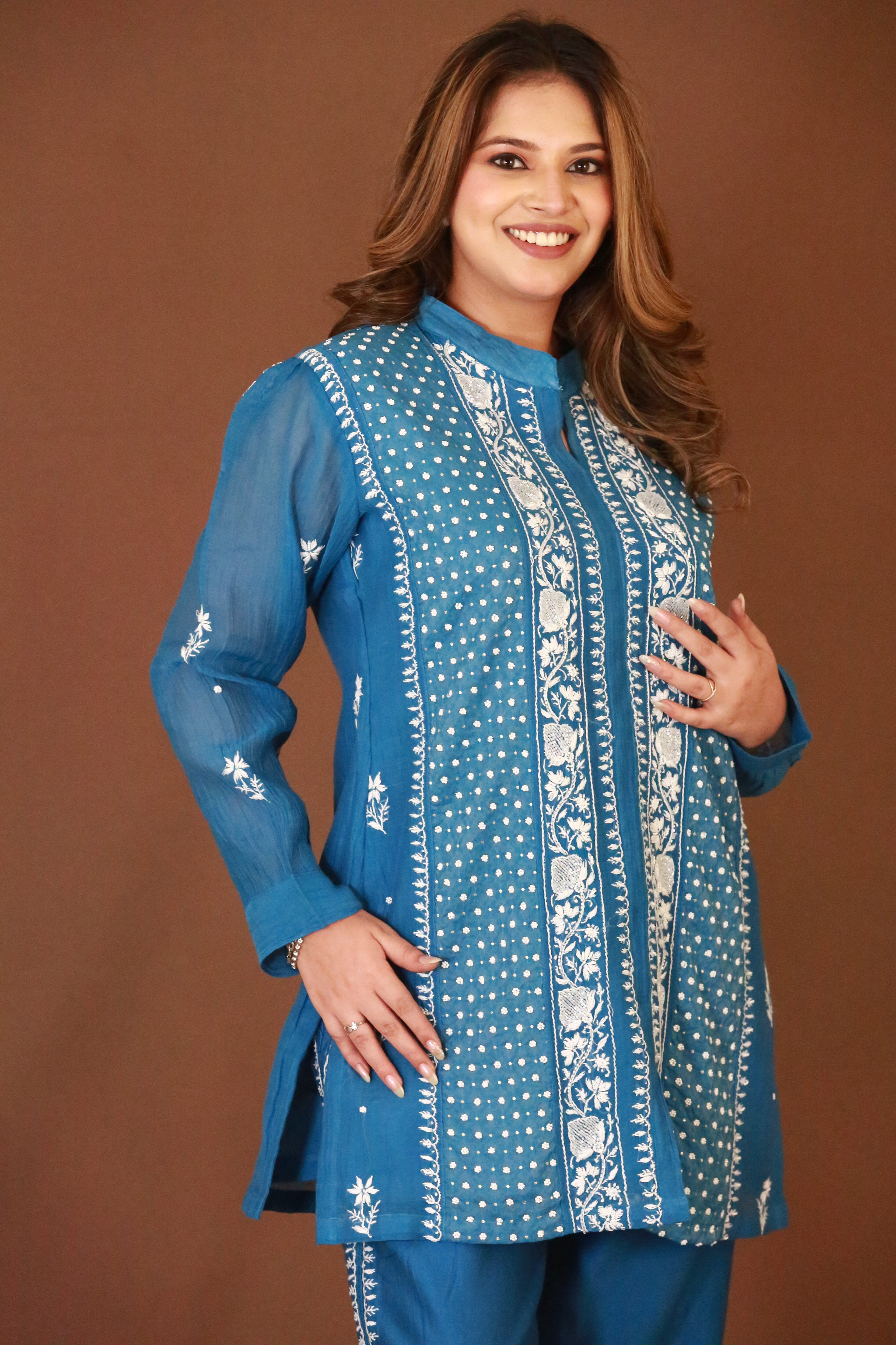 Chikankari co-ord set in premium Banarasi Mul Chanderi with pearl & cutdana work