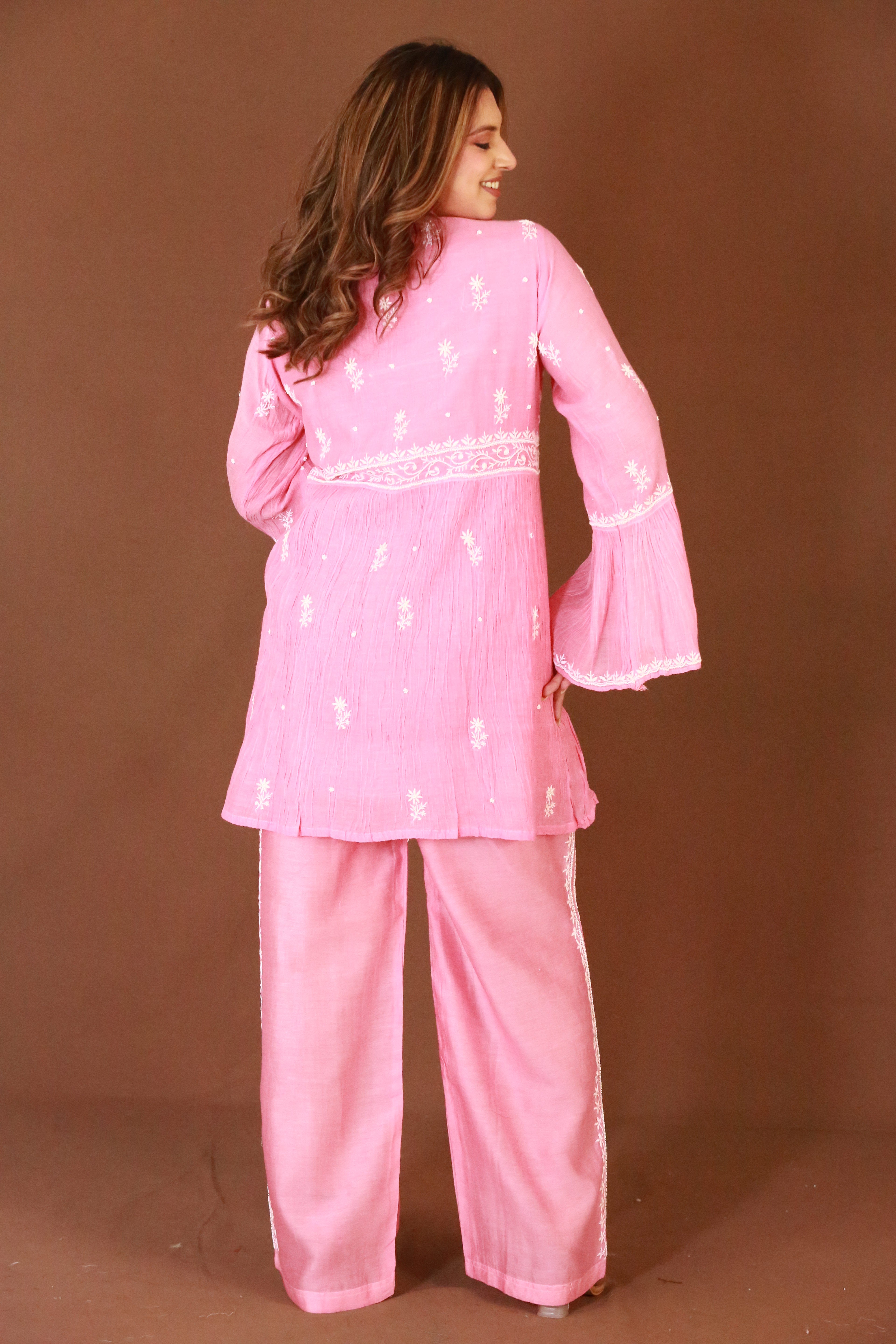 Chikankari co-ord set in premium Mul Chanderi with pearl & cutdana work